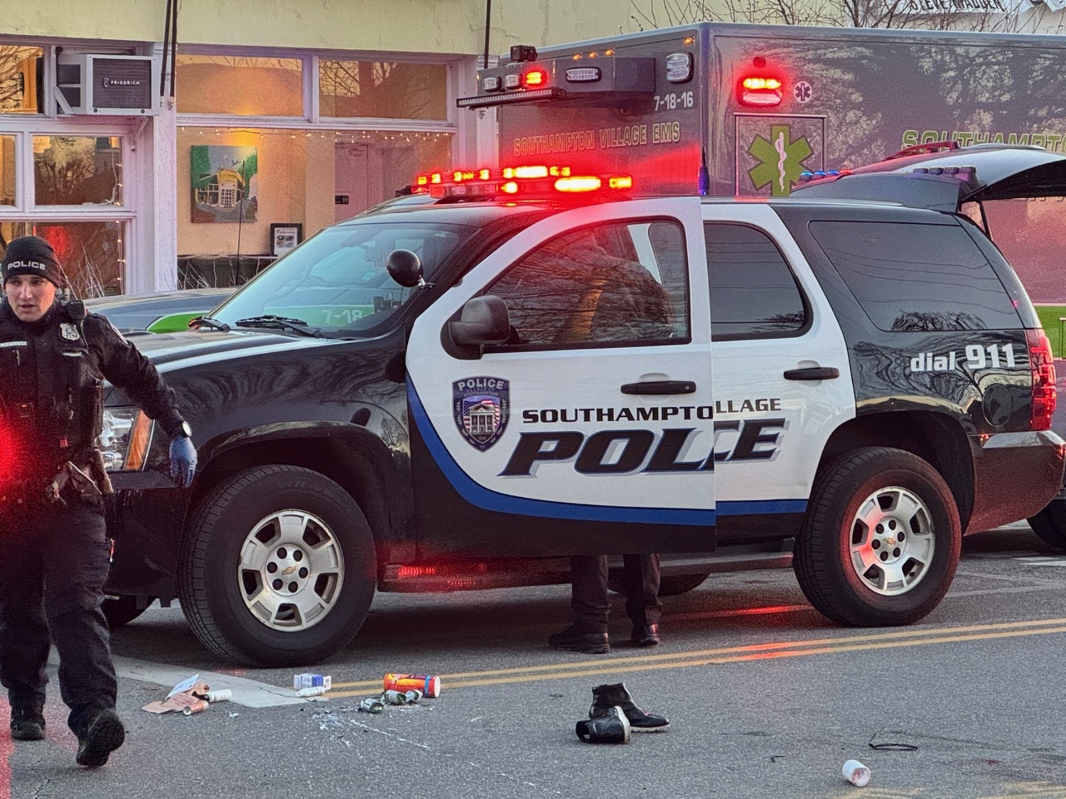 A pedestrian was struck be a car at the corner of Main Street and Nugent Street in Southampton Village on Tuesday. MICHAEL WRIGHT