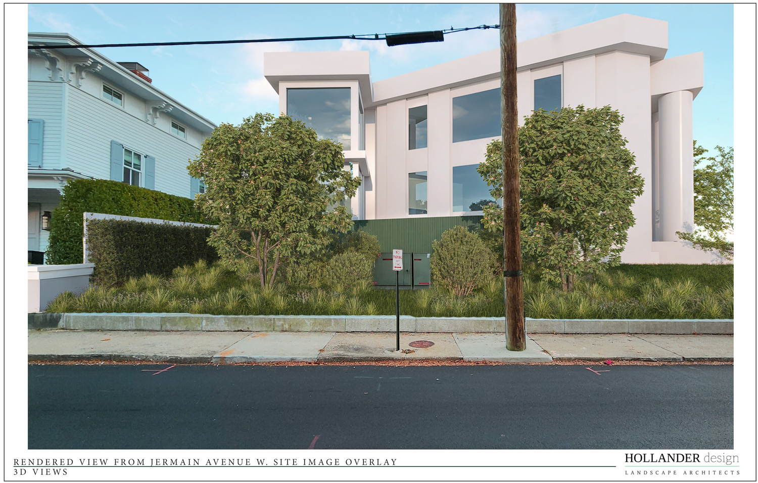 A rendering shows the north side of the John Jermain Memorial Library with its new heating system screened behind a green wall and landscaping. The transformer in the foreground has been at the site for years. COURTESY HOLLANDER DESIGN LANDSCAPE ARCHITECTS