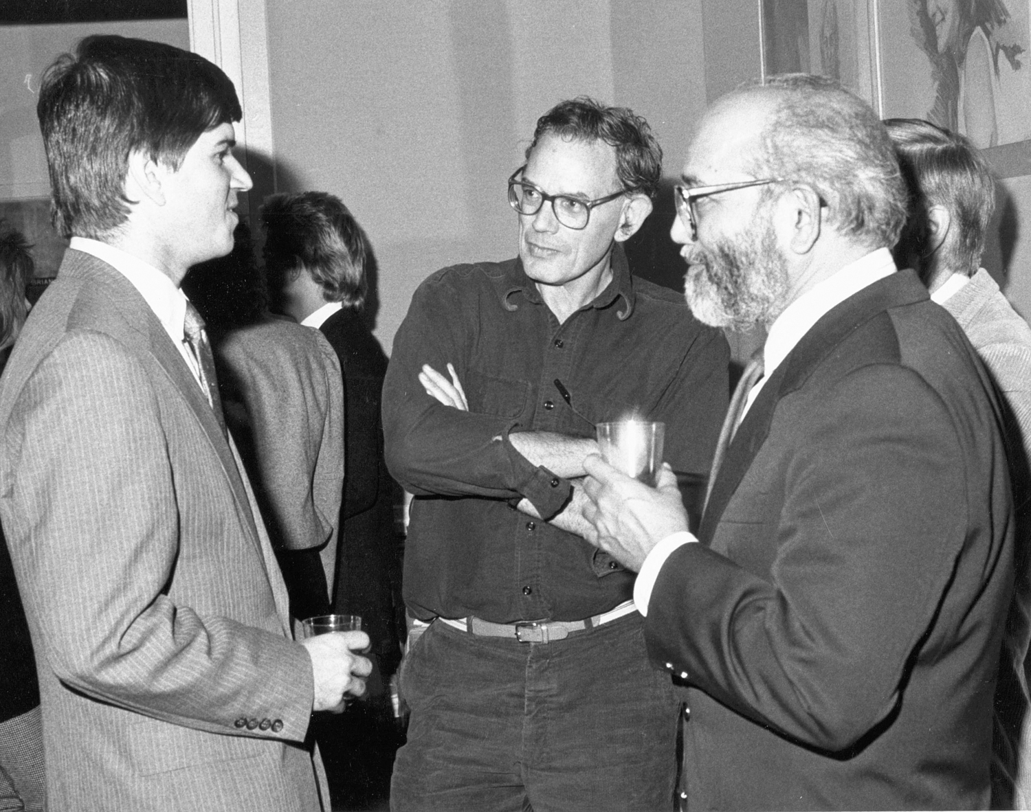 John Strong, center with then Suffolk County legislator Fred W. Thiele Jr., left and professor Sanjeeva Nayak in 1987.  FILE PHOTO