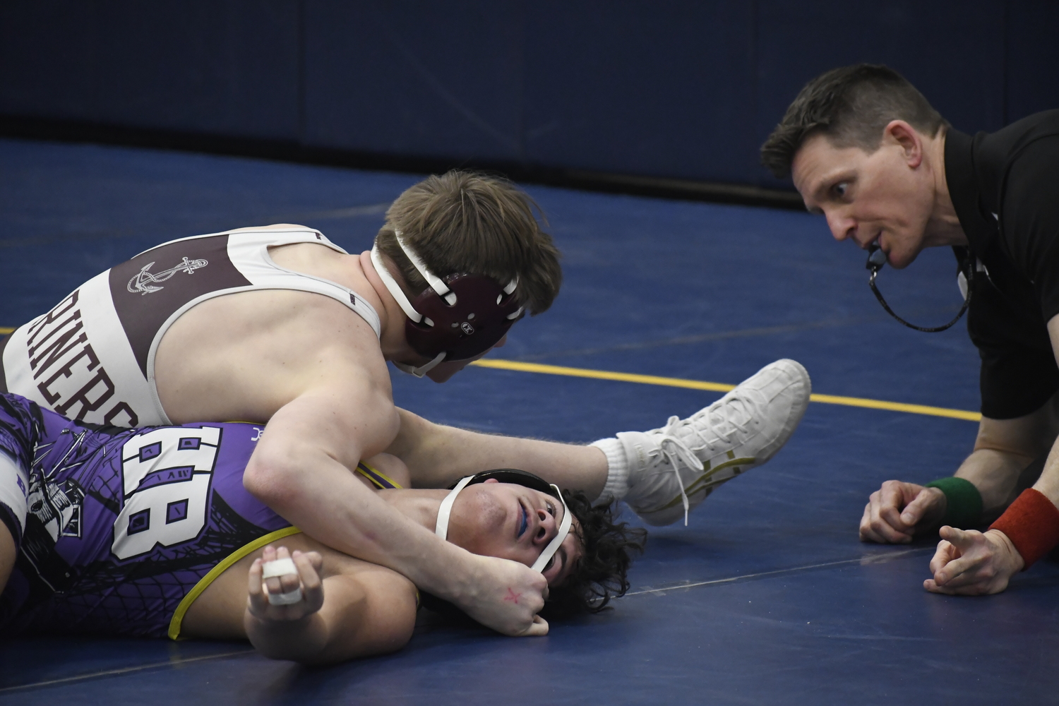 David Lewin tries to pin his Hampton Bays opponent.  DREW BUDD