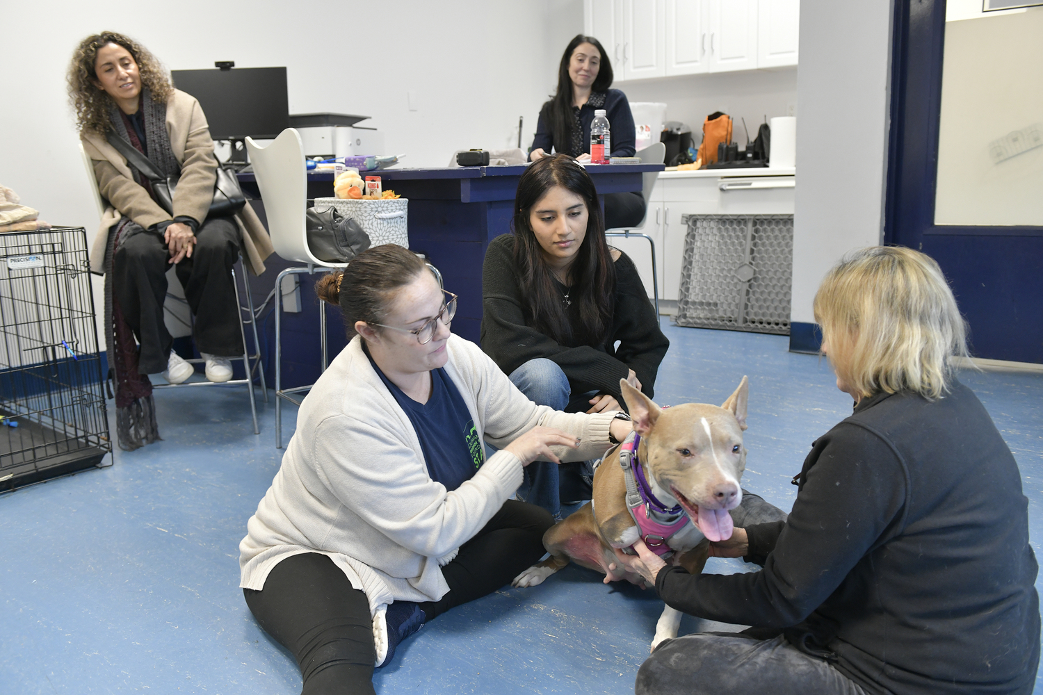 Sarah, with the help of Kristen Koener and Susan Denis, works with Tryla to get a good fit for her prothstetic leg.  DANA SHAW