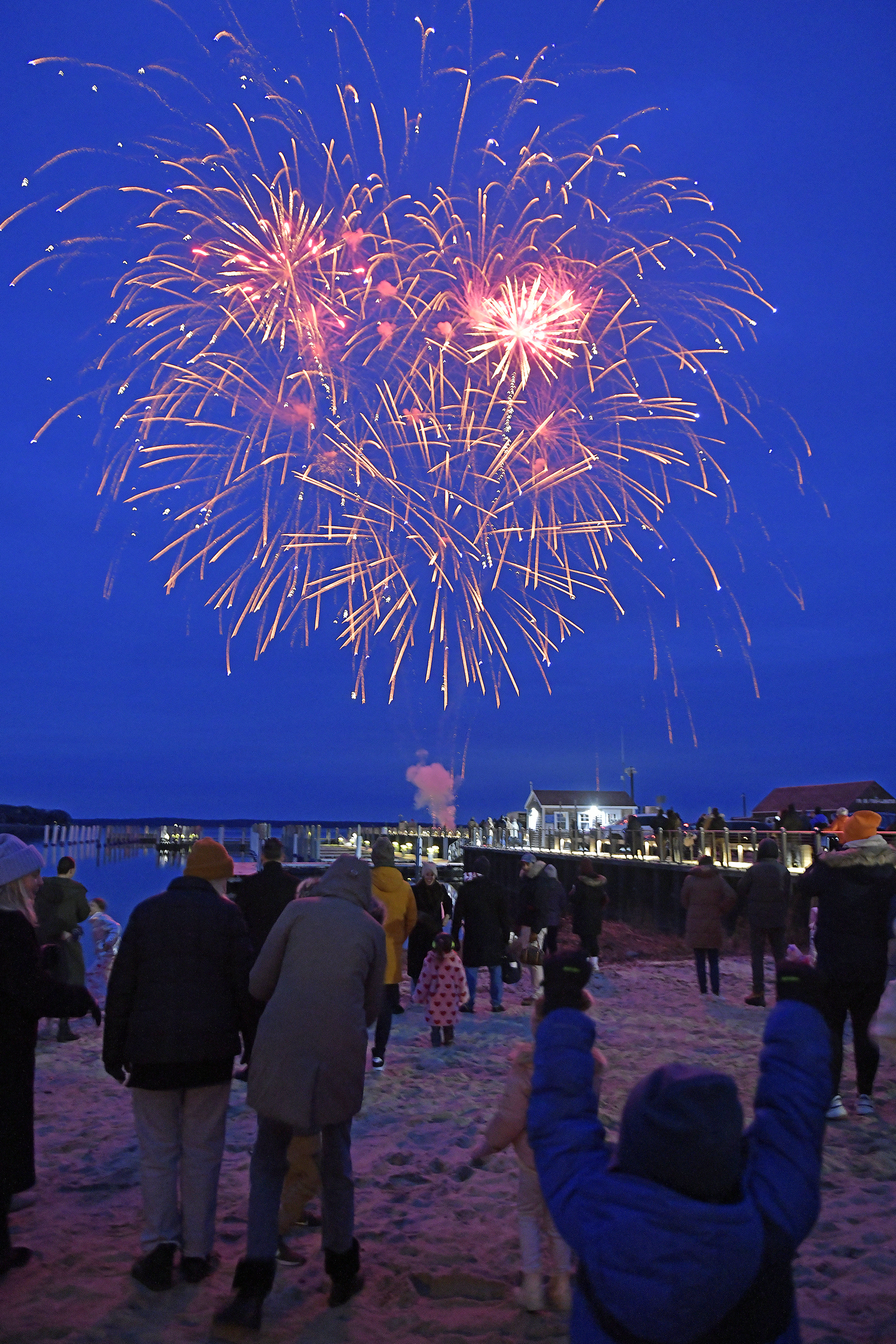 Fireworks by Grucci off Long Wharf on Saturday night.  DANA SHAW