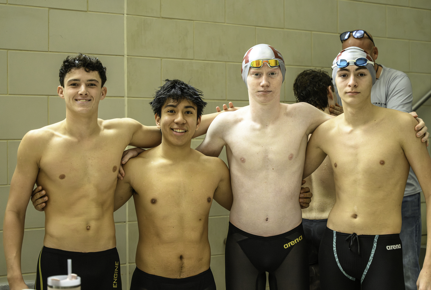 East Hampton 400-yard freestyle relay team Liam Knight, Cristian Sigua, Ben Kriegsman and Nick Chavez.   MARIANNE BARNETT