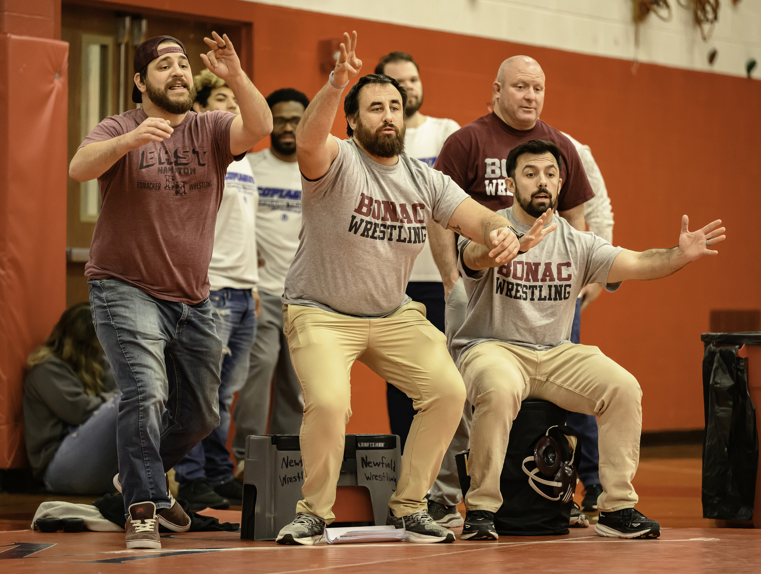 The Bonac coaches react to a match on Saturday at Smithtown East High School.   MARIANNE BARNETT