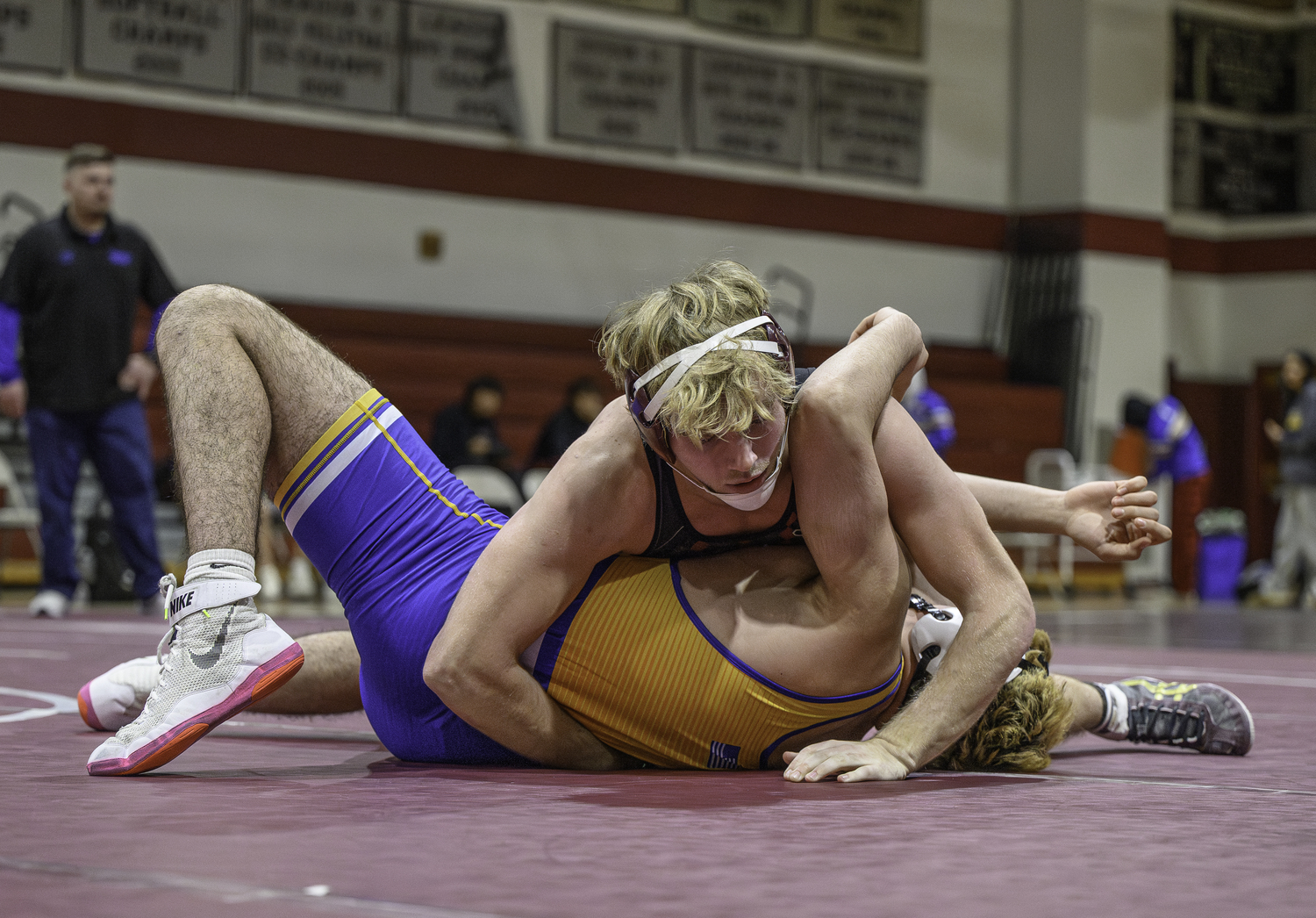 East Hampton senior Adam Beckwith pinned Comsewogue's Berkay Ciftcikal in 50 seconds.  MARIANNE BARNETT