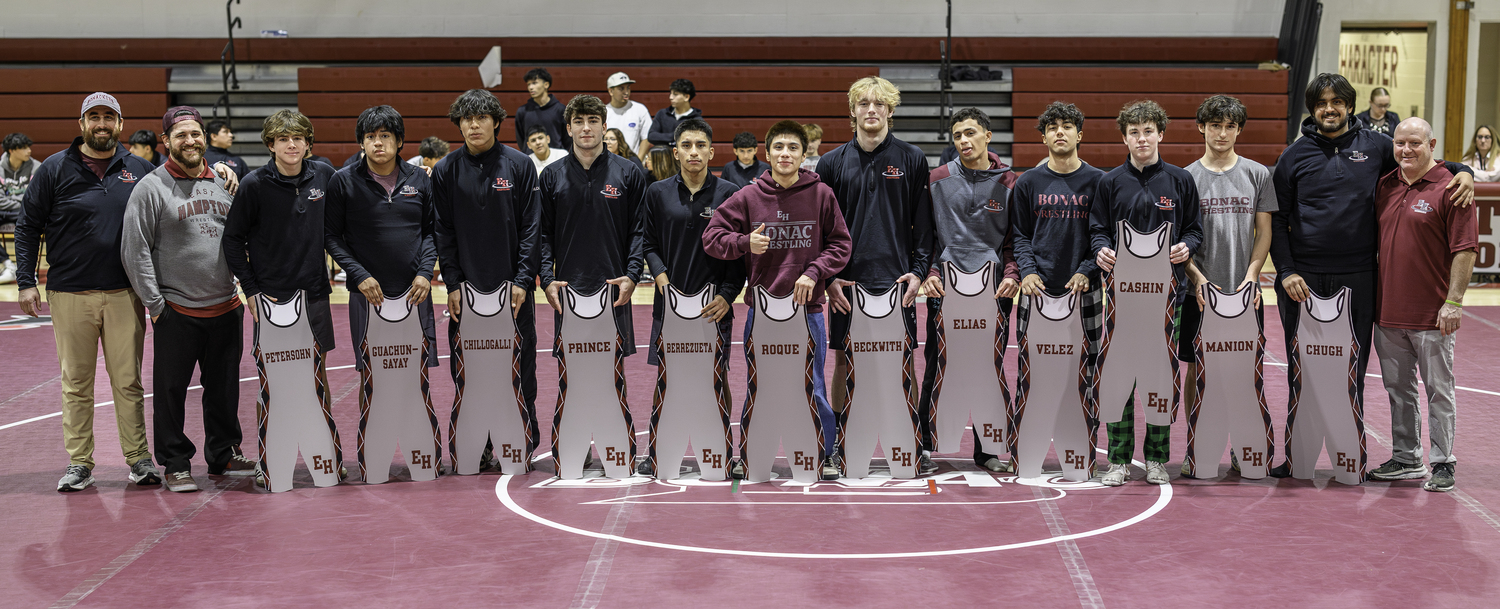 The East Hampton/Pierson/Bridgehampton wrestling team honored all of its outgoing seniors on Thursday, January 30.   MARIANNE BARNETT