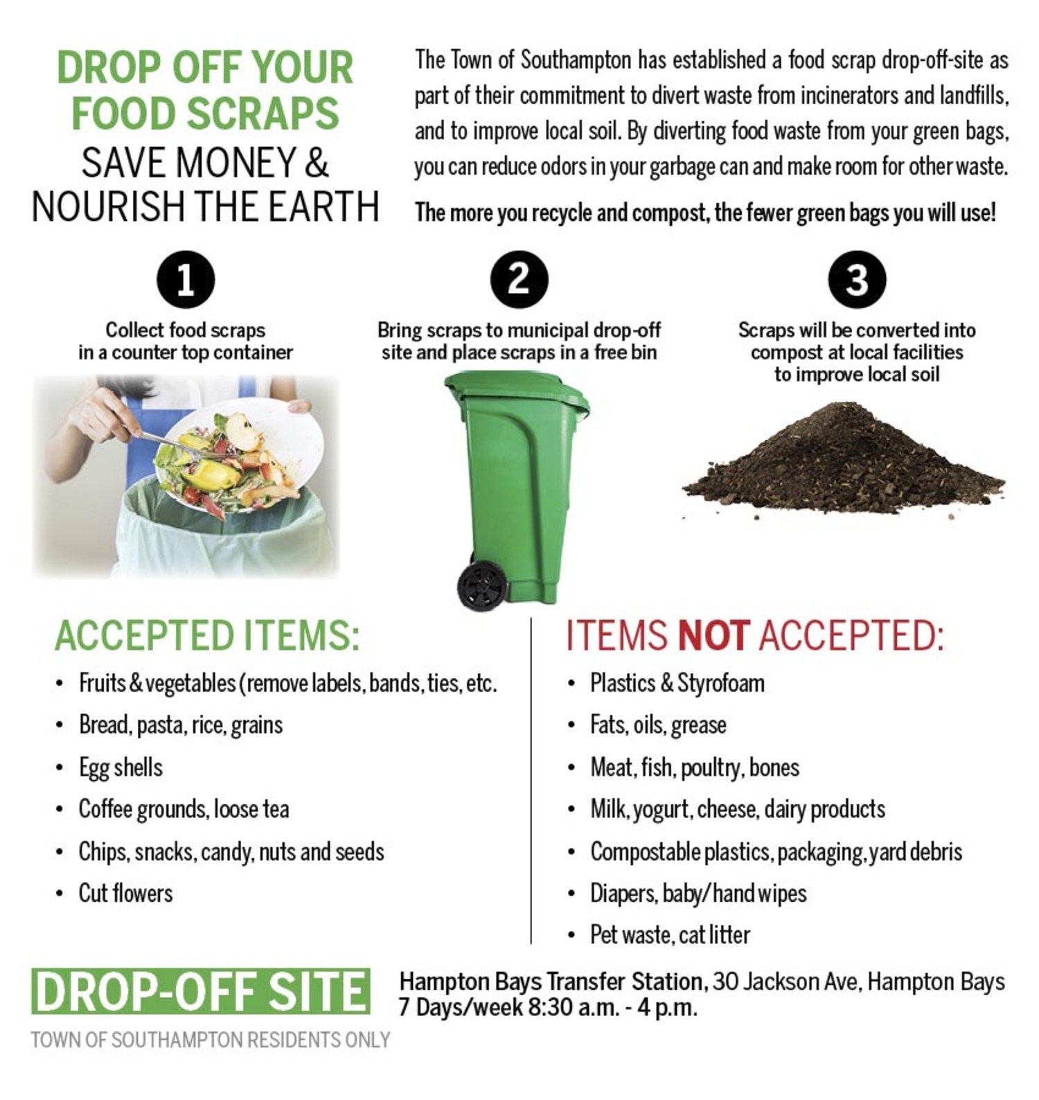 Residents can now separate out food scraps for composting at the Southampton Town dump to save themselves money on garbage bags, reduce overall costs to the town for garbage hauling and expand recycling efforts.