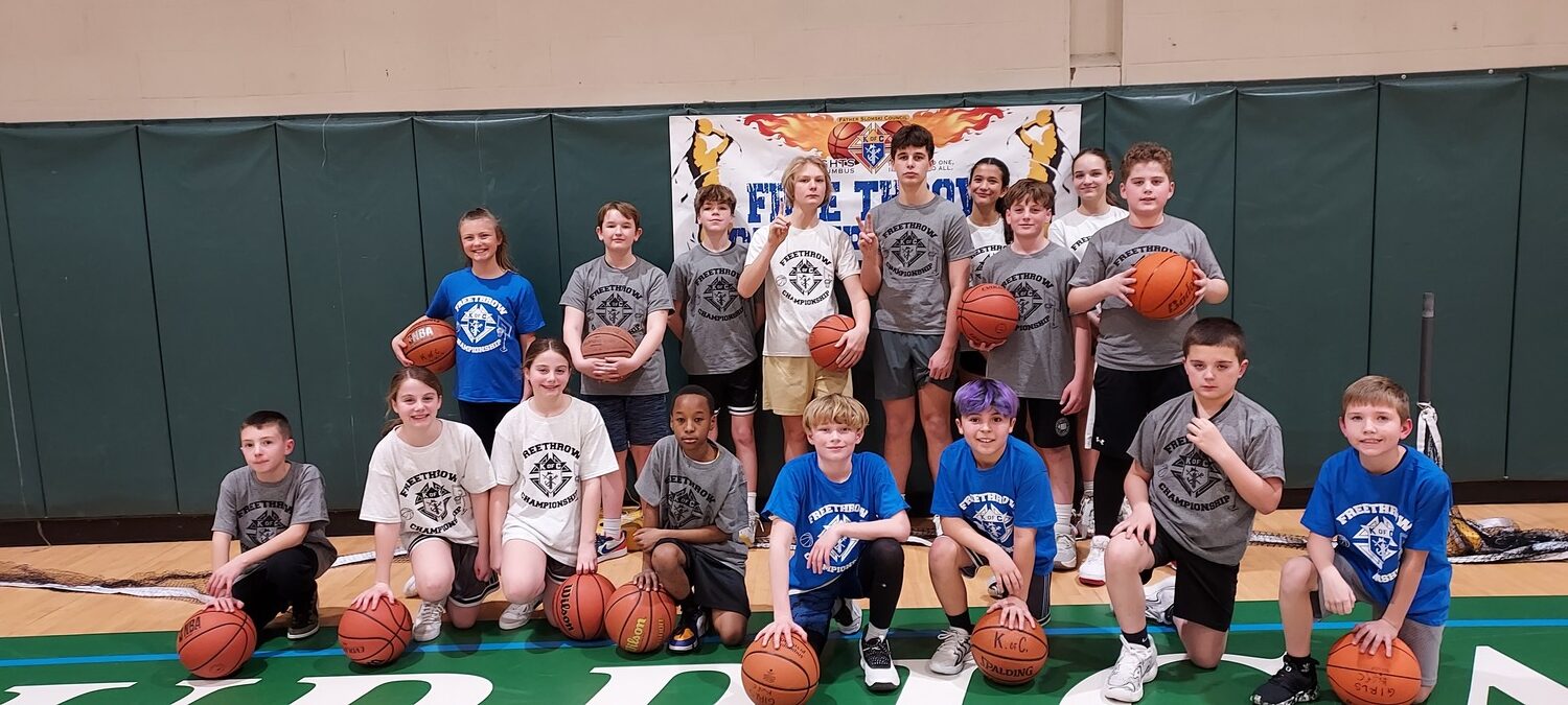 The Joseph Slomski Knights of Columbus Council (7423), based at Immaculate Conception Church on Quiogue, recently held its annual free throw shooting contest at Westhampton Beach Middle School. The winners, boys and girls ages 9 thru 14, received a certificate of achievement as well as a new basketball. In addition, all winners were invited to compete at the next level: the Suffolk County Championship to be held on Saturday, March 9, at St. John the Baptist High School in West Islip. The boy winners, by age, were Griffin Kruk (9), Xavier Viera (10), Jaxon Redius (11), Logan Rice (12), Blake Schaffer (13) and Kellen Magner (14).
The girl winners, by age, were Shay Magner (9), and Raylee Krill (14). COURTESY JOSEPH SLOMSKI COUNCIL KOC