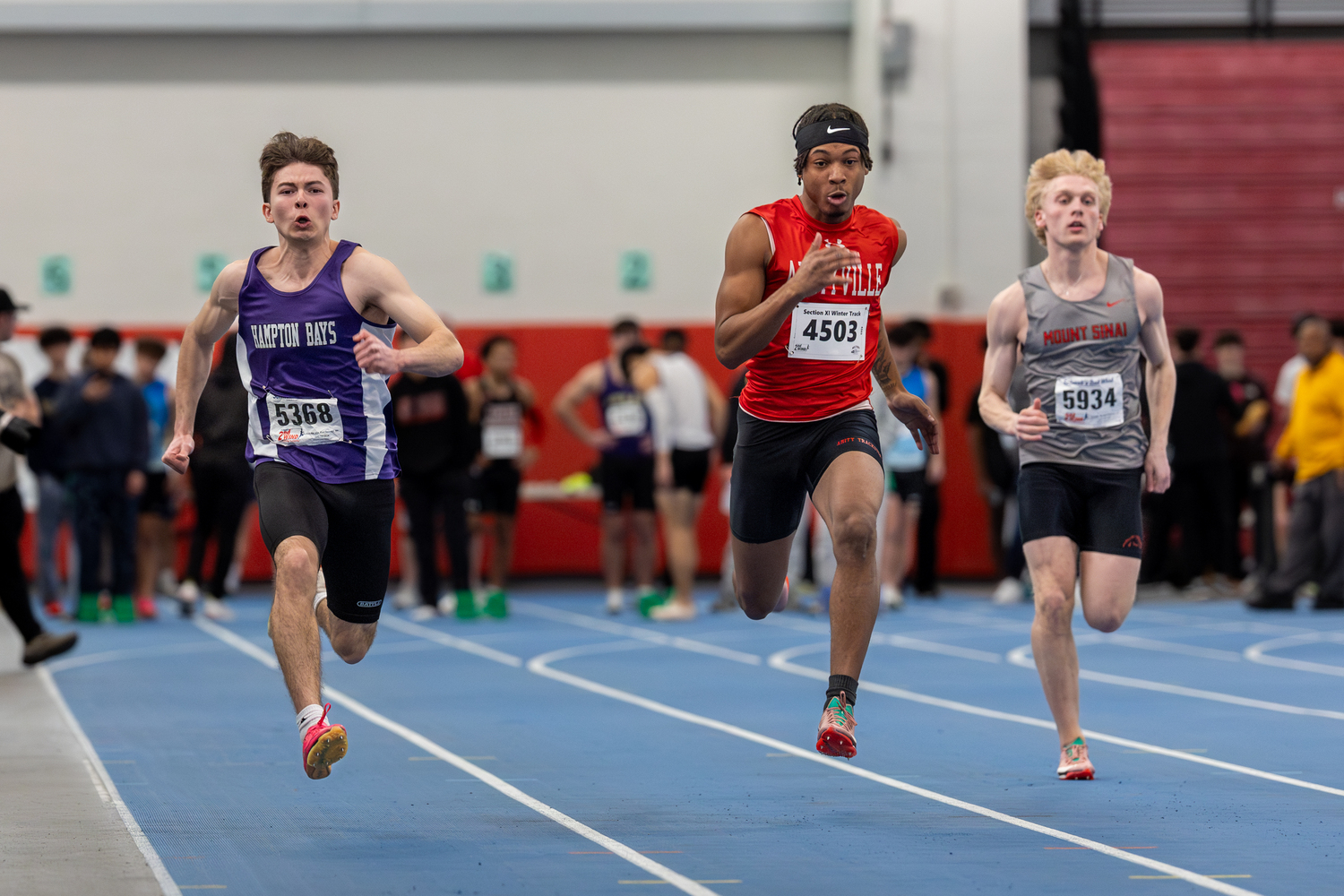 Hampton Bays senior Kevin Londono in the 55-meter dash.  RON ESPOSITO