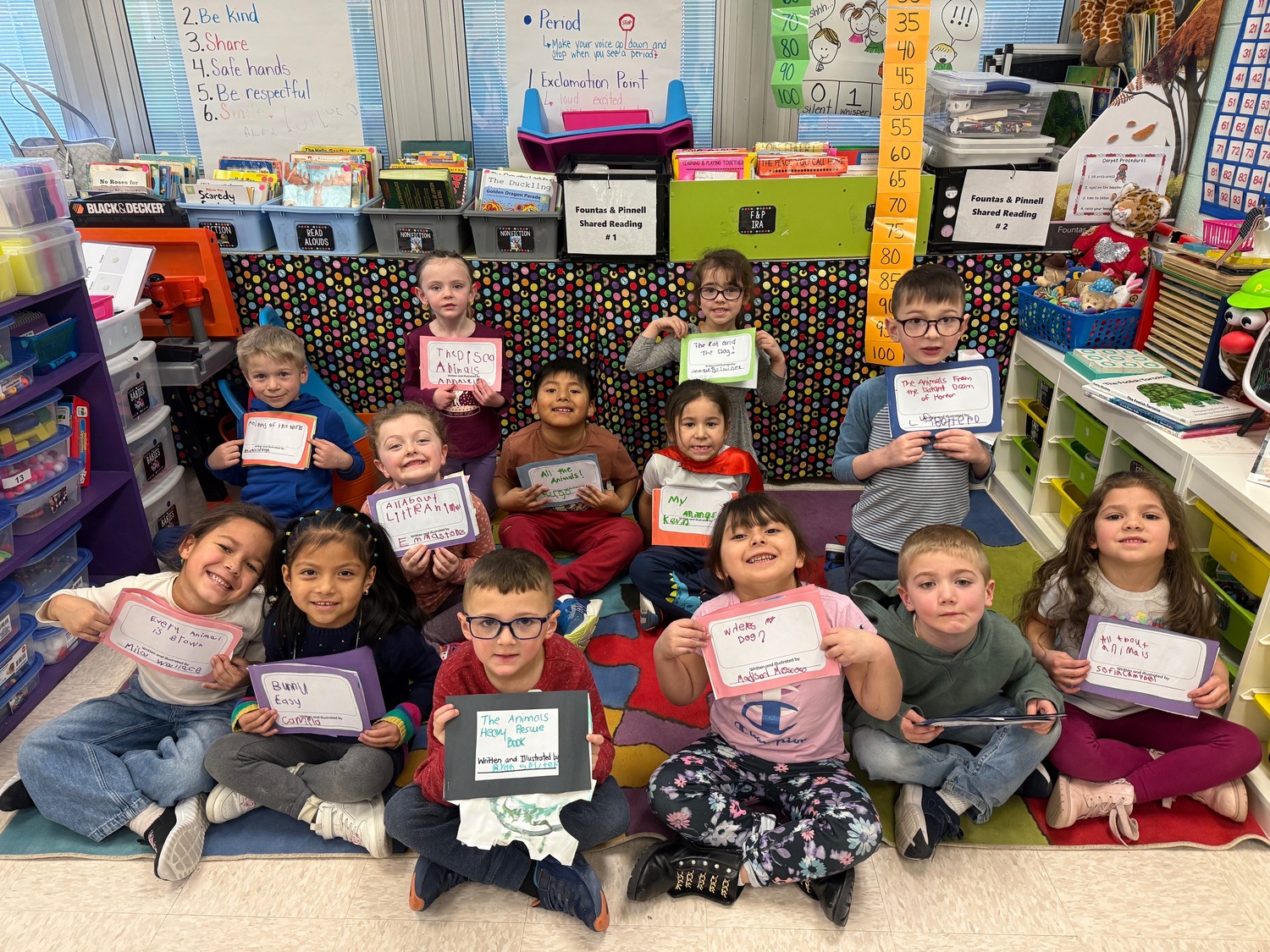 Hampton Bays Elementary School kindergartners in Megan Kappers’ class
gained new skills through an author study of Eric Carle. The students worked on their repetition and rhyming skills, and learned how Carle creates unique animal illustrations by
creating his own paper and making collages. The class then made their own animal collages and wrote Carle-inspired stories about their creations, which they presented to the class. COURTESY HAMPTON BAYS SCHOOL DISTRICT