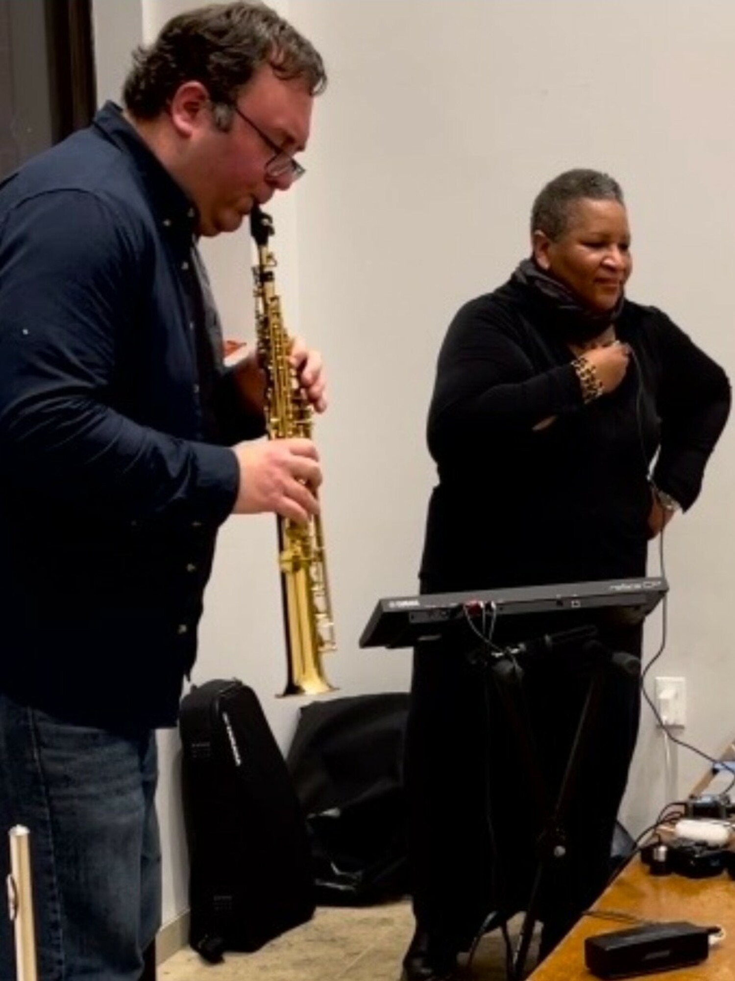 Composer and environmental sound artist Mary Edwards with flutist/saxophonist Michael Eaton. This Friday, they perform at The Church in Sag Harbor. COURTESY THE ARTIST