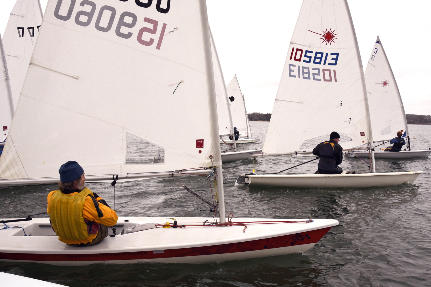 Second place Derrick Galen finding wiggle room at the start of the second race, with Rudy Ratsep and Venetia Satow off to his port side.   MICHAEL MELLA