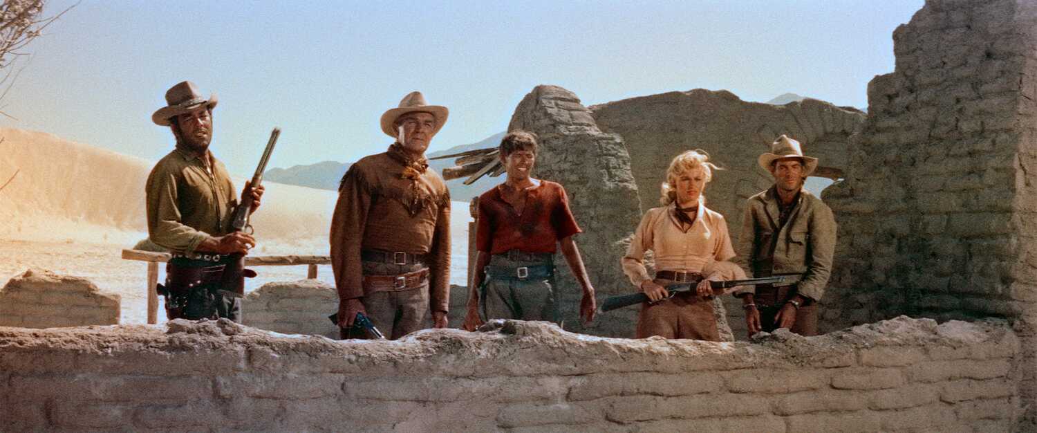 Pernell Roberts, Randolph Scott, James Coburn, Karen Steele,and James Best in 