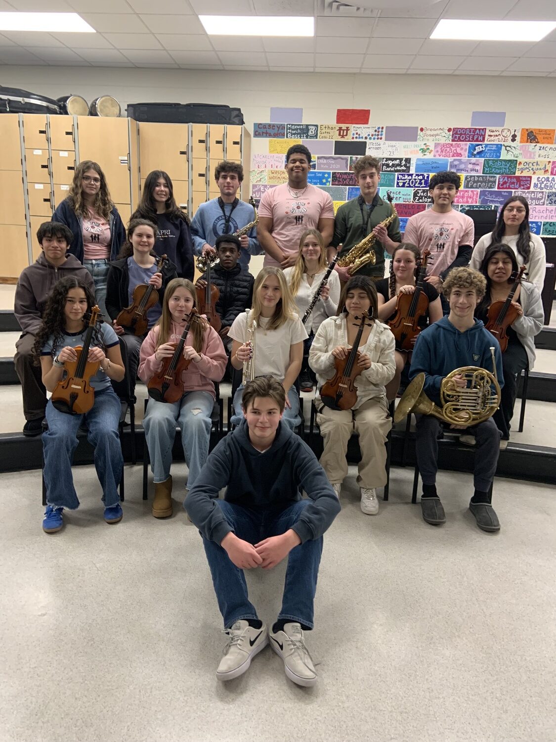 The Southampton High School music students recently participated in the Hampton Music Educators Association’s annual music festival. To participate, the students were nominated by their music teacher and then selected by the festival committee. Participating students were Kira Acken, Valentina Alvarez-Rivera, Charlotte
Arnzen, Anna Beyer-Clausen, Sadie Chaleff, Hillary Chiliquinga, Julie Chiliquinga, Burke
Dunne, Bella Duque, Bea Fino Morfogen, Isabel Fino Morfogen, Jackson Garcia Rivera,
Evelyn Gutierrez, Kevin Lopez, Logan Mitchell, Taylor Olsen, Hannah Pak, Paul Parash,
Chase Rodriguez, Tristyn Sammy and Chloe Voluck-Sviedrys. COURTESY SOUTHAMPTON SCHOOL DISTRICT