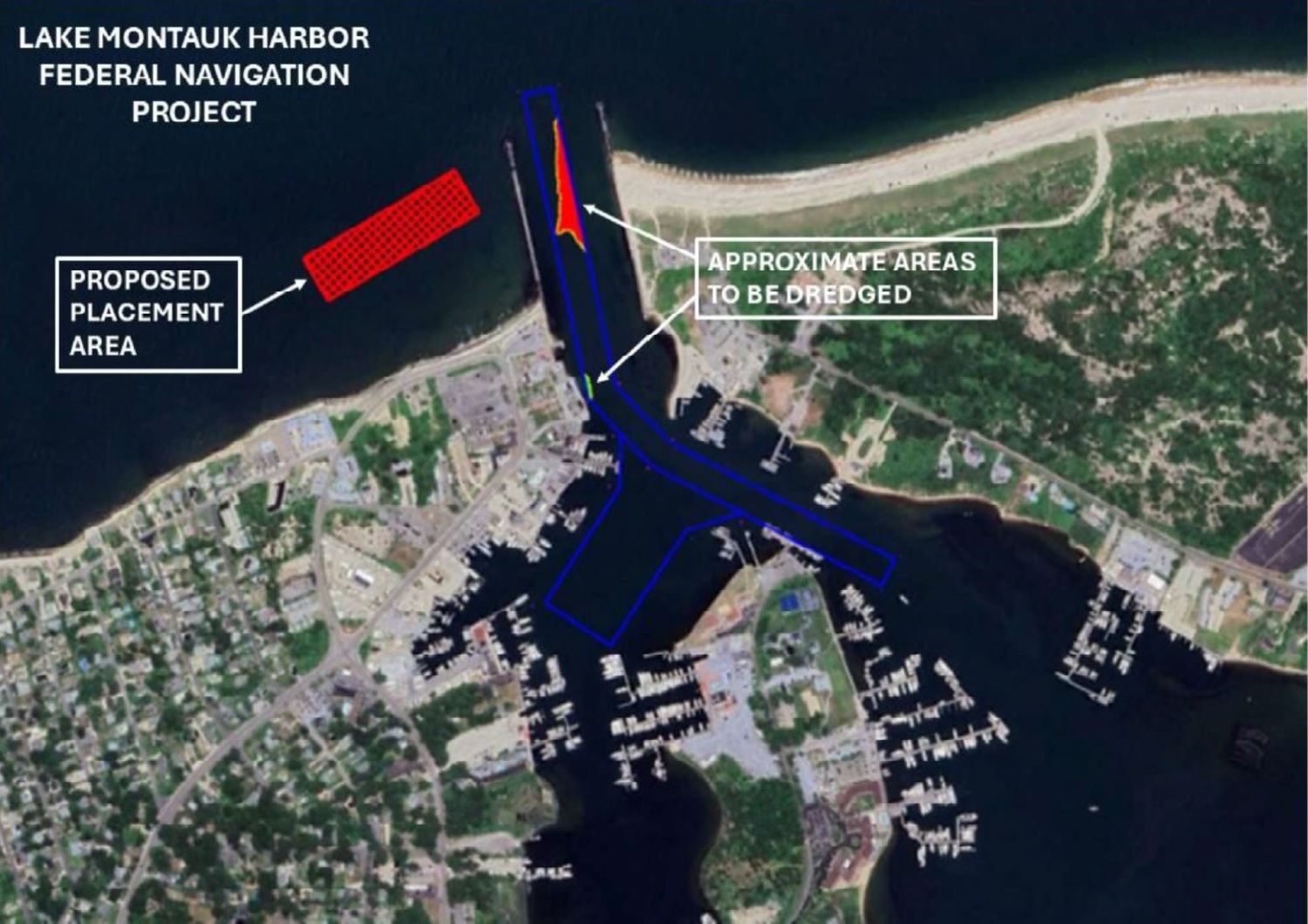 An aerial view of Montauk Harbor depicts the proposed area to be dredged and placement area of dredged material. U.S. ARMY CORPS OF ENGINEERS