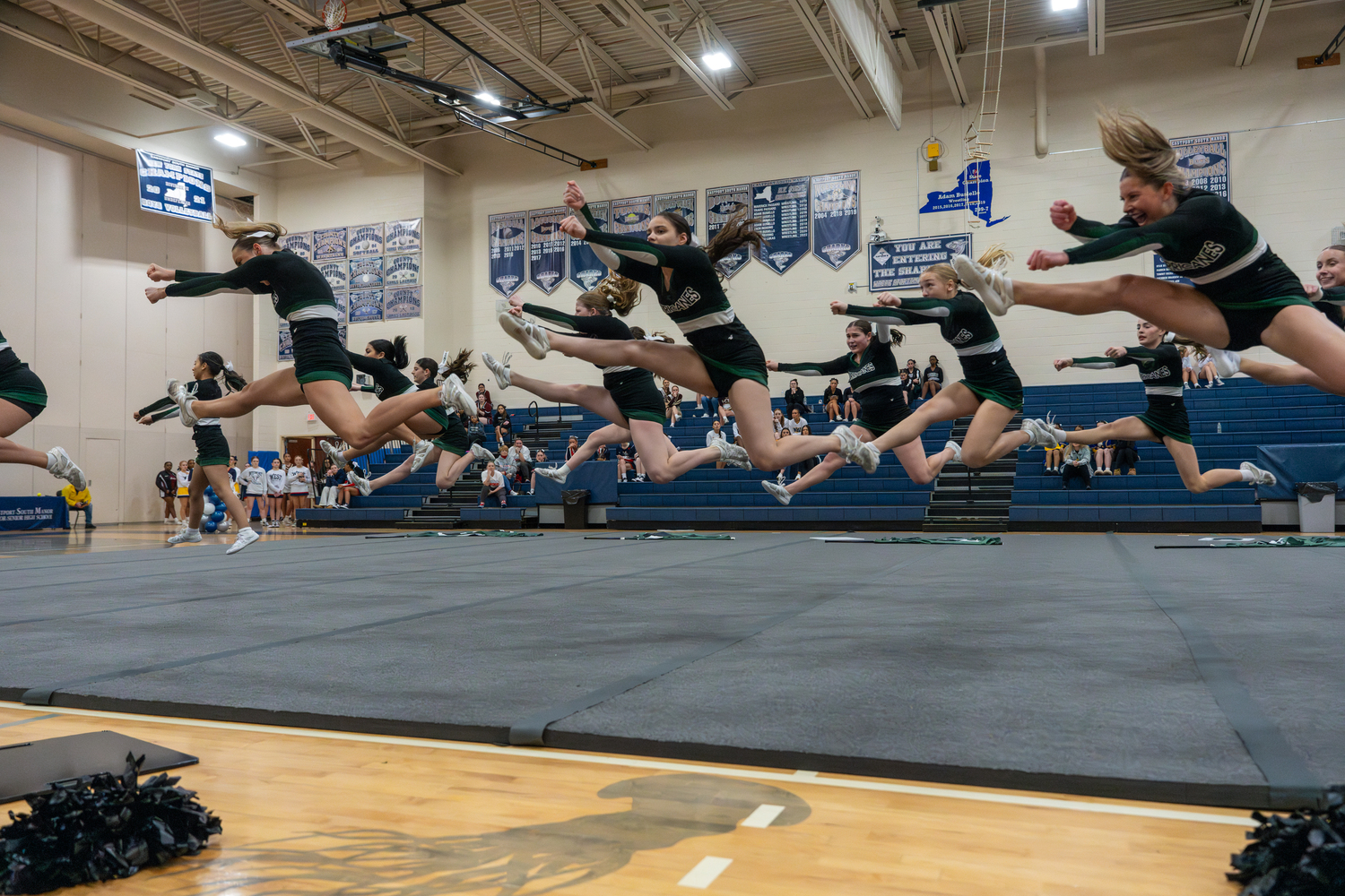 The Westhampton Beach competitive cheer team at Eastport-South Manor on January 25.  RON ESPOSITO