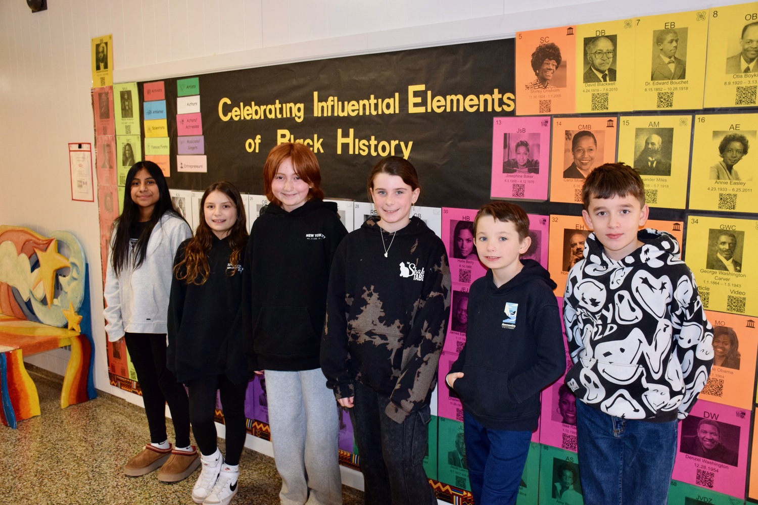 In honor of Black History Month, Westhampton Beach Elementary School
students are learning about influential African Americans through a variety of activities sponsored by the school’s Equity Committee. One of these activities is an interactive “Celebrating Influential Elements of Black History” periodic table that is displayed in the school’s main hallway. The table includes QR codes that students can scan to find more information through articles and videos. Each class will create their own project based on the information they gather from the periodic table. Using that information, they will develop a histogram that will be shared on the school’s central bulletin board. COURTESY WESTHAMPTON BEACH SCHOOL DISTRICT