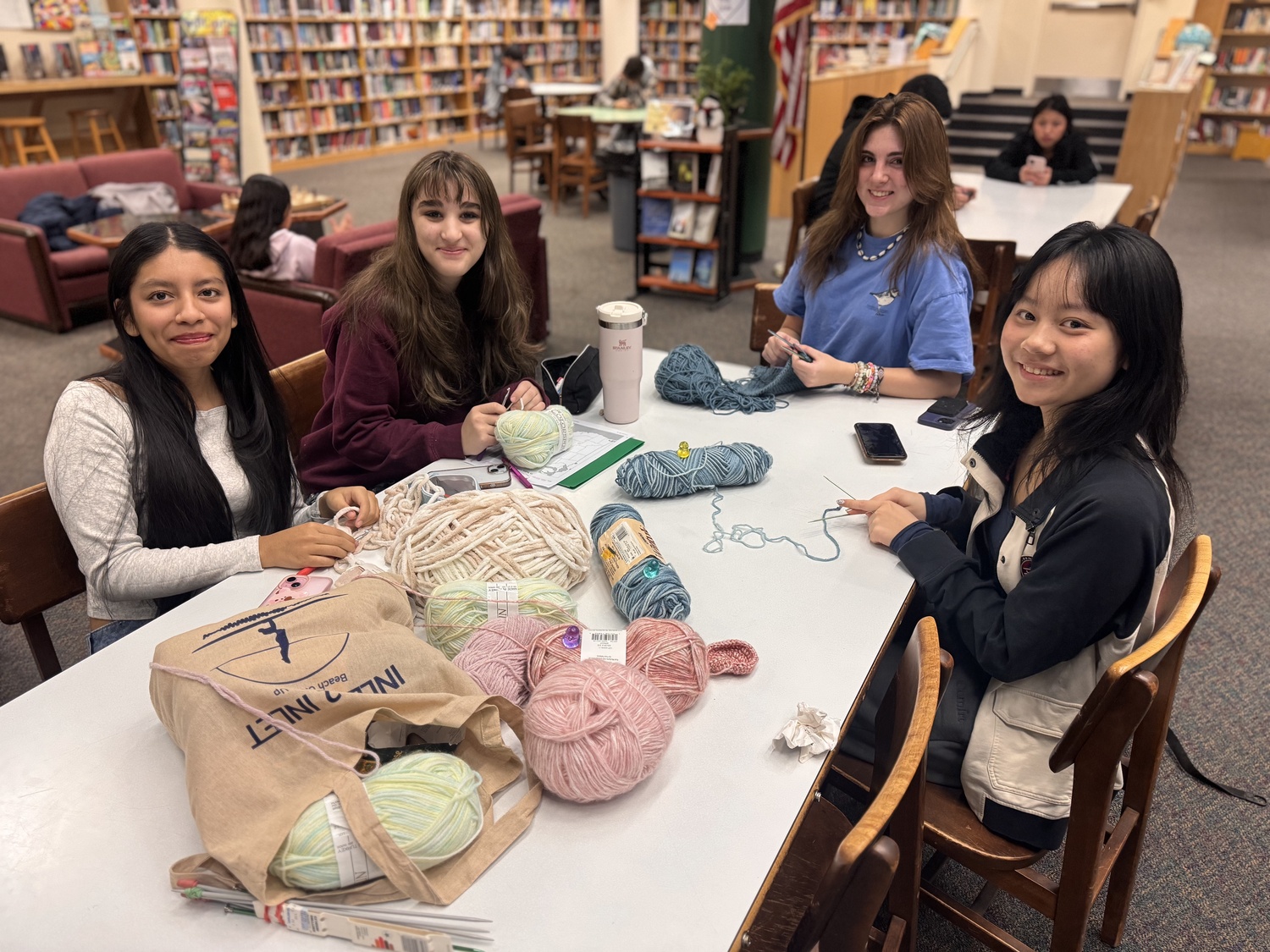 Westhampton Beach High School junior Angela Tran recently inaugurated Crochet Corner, a new crochet club at her school. Club members include, from left, Abigail Gomez, Violet Galway, Graelyn LoRusso and Angela Tran. COURTESY WESTHAMPTON BEACH SCHOOL DISTRICT