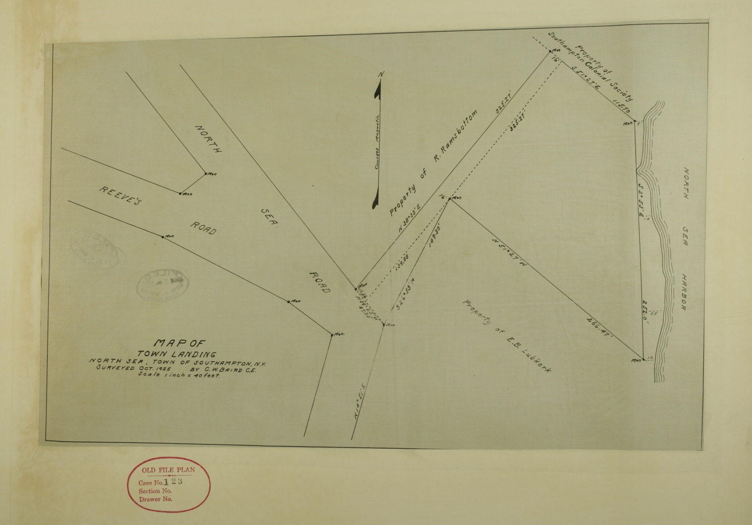 A surveyors map from 1925 shows the Conscience Point property being two separate parcels, one owned by the town and the other by the Southampton Colonial Society. Representatives of the Conscience Point Shellfish Hatchery plan to use the deed as evidence that the Southampton History Museum cannot evict the hatchery. COURTESY TOWN OF SOUTHAMPTON