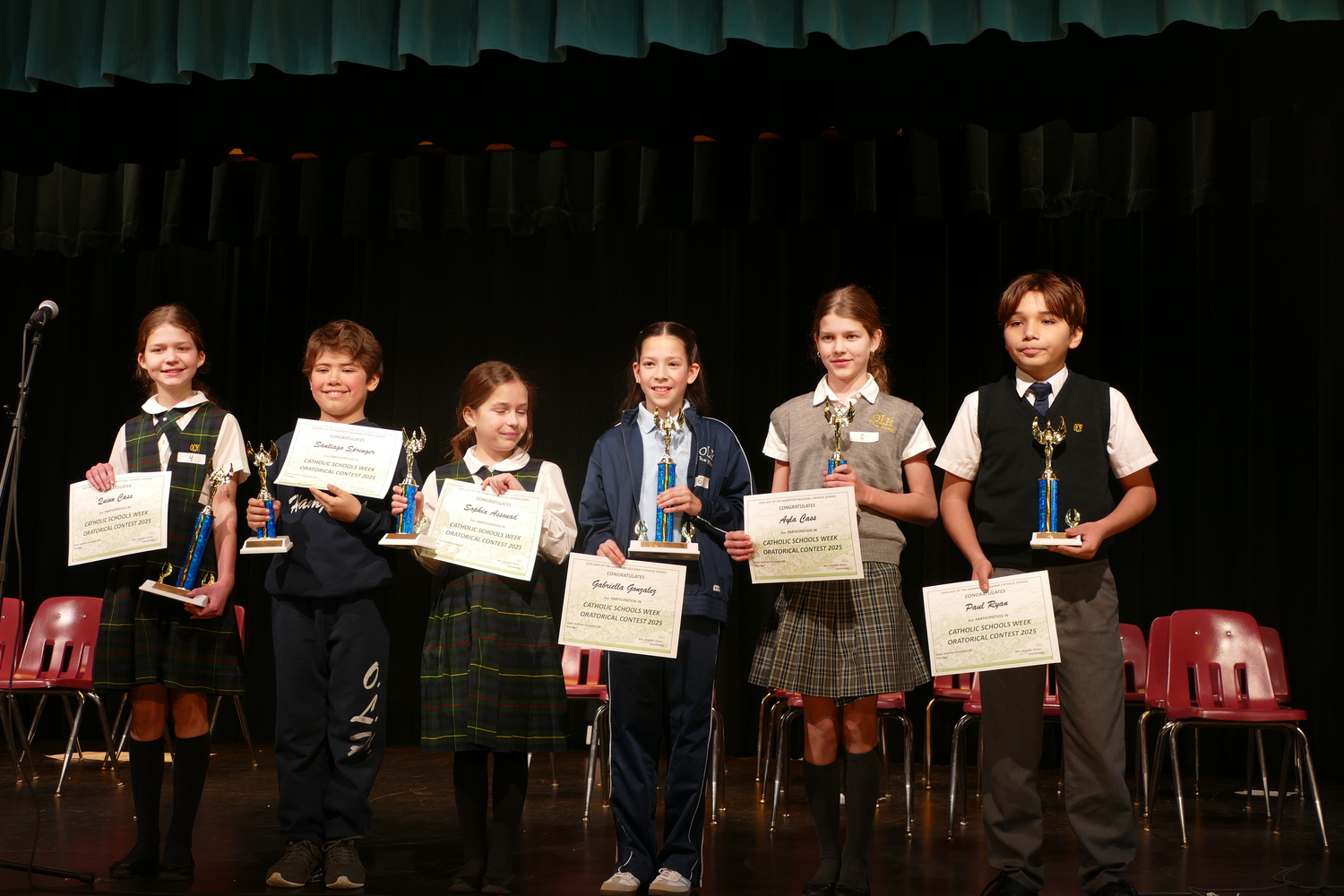 The Our Lady of the Hamptons School oratorical contest winners, from left, Quinn Cass, Santiago Springer, Sophia Assouad, Gabriella Gonzalez, Paul Ryan and Ayla Cass. COURTESY OUR LADY OF THE HAMPTONS SCHOOL