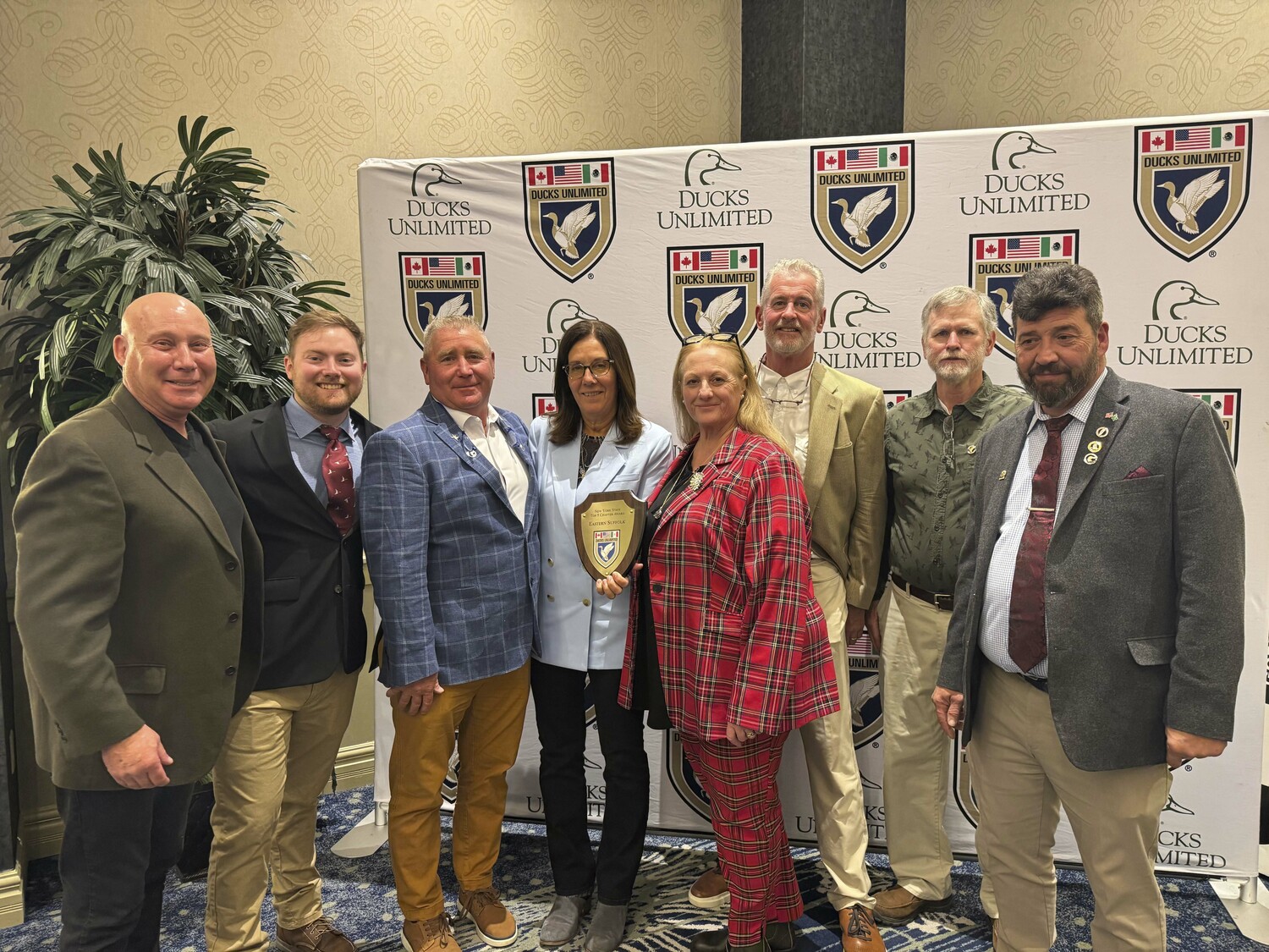 Eastern Suffolk Ducks Unlimited (DU) received two awards this year at the NYS Ducks Unlimited Convention 2025 in Clayton New York: the New York State DU Platinum Award and the New York State DU Top 5 Award. Eastern Suffolk Ducks Unlimited Committee Members in attendance, left to right, Alex Timlim, Mike Compo, regional director; Duane Arnister, Anna Maria Arnister; Thea Fry, co-chair, Mark Borucke; Ray Sachtleben and Jim Fry, co-chair.   COURTESY EASTERN SUFFOLK DUCKS UNLIMITED