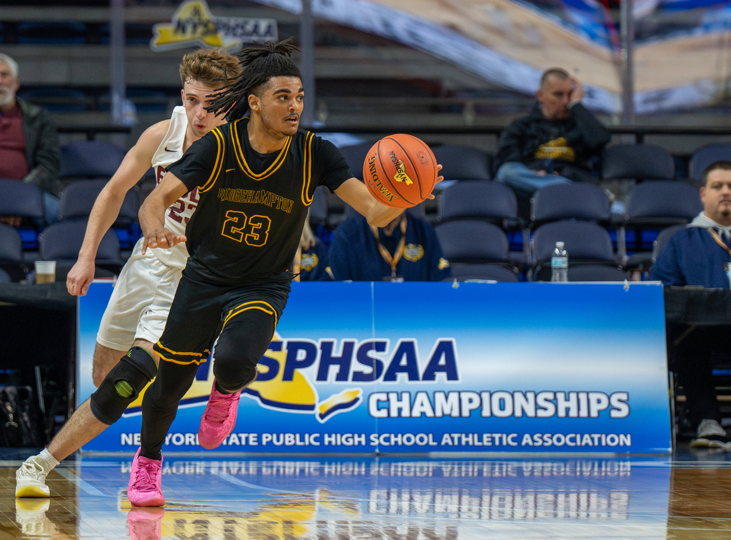 Bridgehampton senior Jaylen Harding races the ball down the court.   RON ESPOSITO