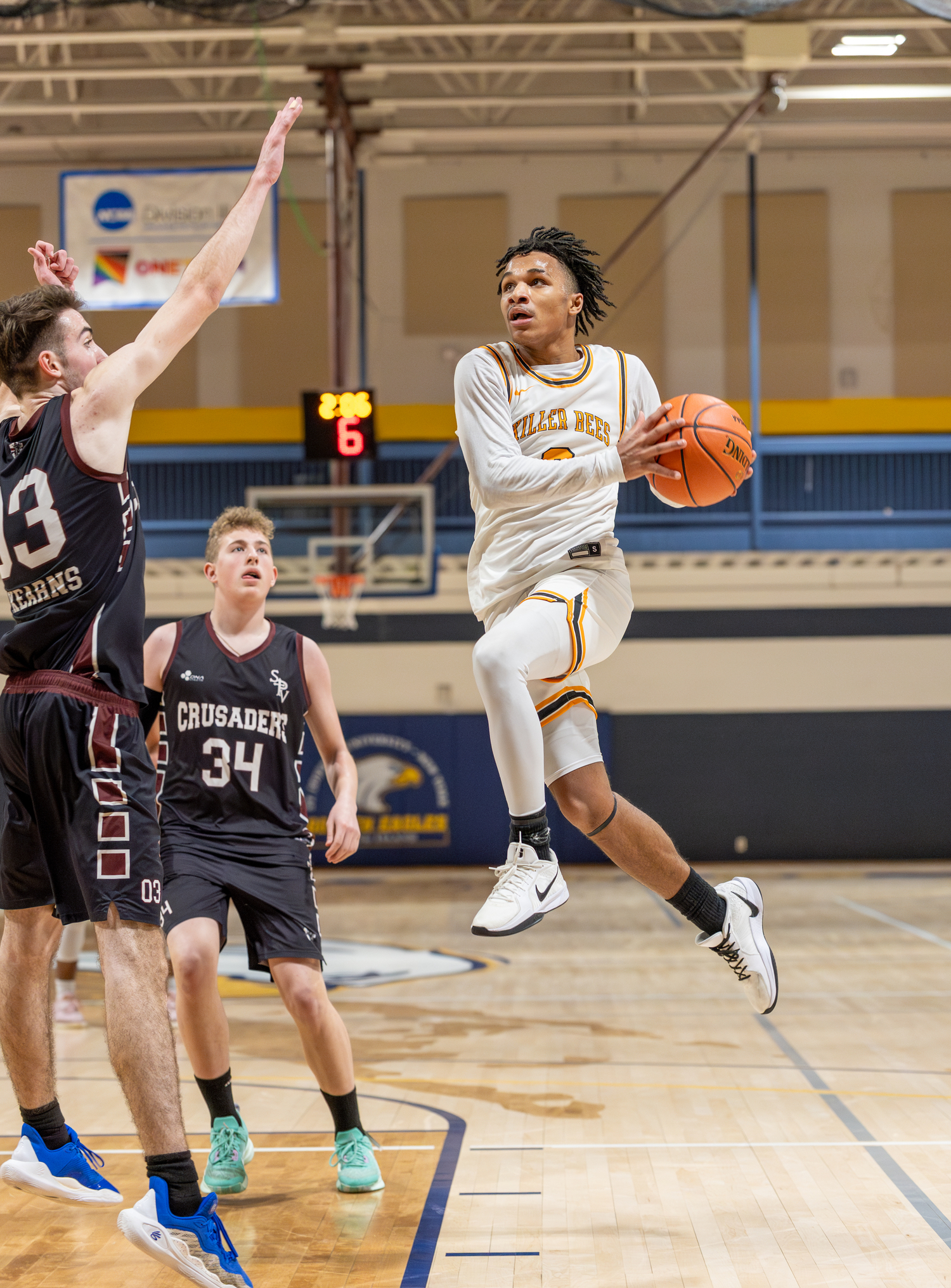 Jai Feaster takes flight toward the basket.   RON ESPOSITO