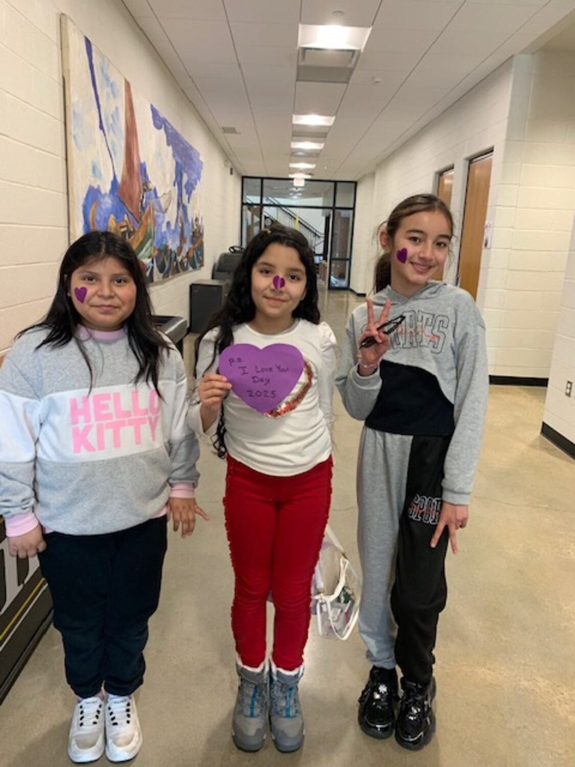 Bridgehampton School fifth-graders Dorothy Marin, Miah Espejo Moreiro and Melany Torres Fernandez during P.S. I Love You Day at the school. COURTESY BRIDGEHAMPTON SCHOOL