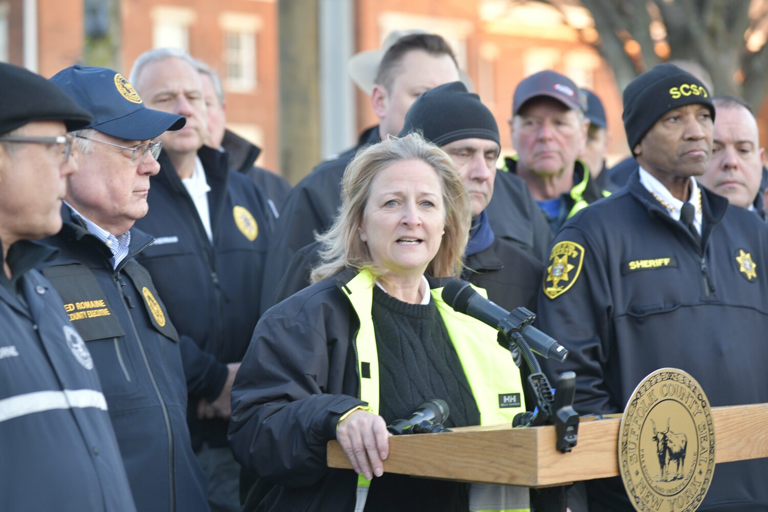 Southampton Town Supervisor Maria Moore speaks at a press conference in Westhampton Beach on Saturday evening.    DANA SHAW