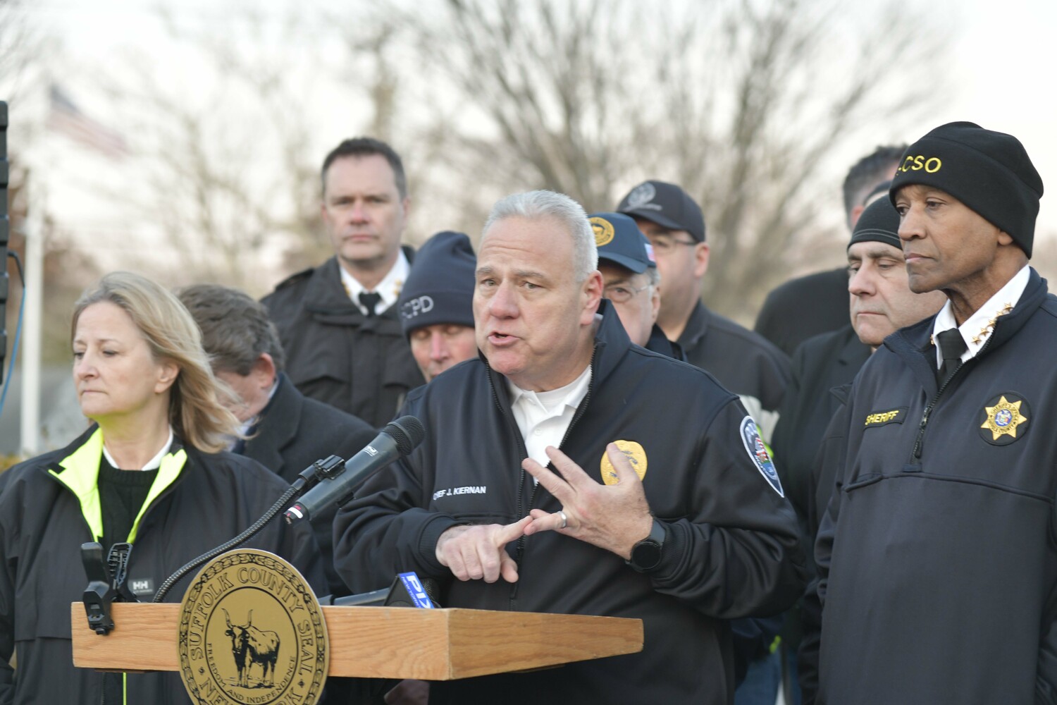 Southampton Town Police Chief James Kiernan speaks at a press conference in Westhampton Beach on Saturday afternoon.  DANA SHAW