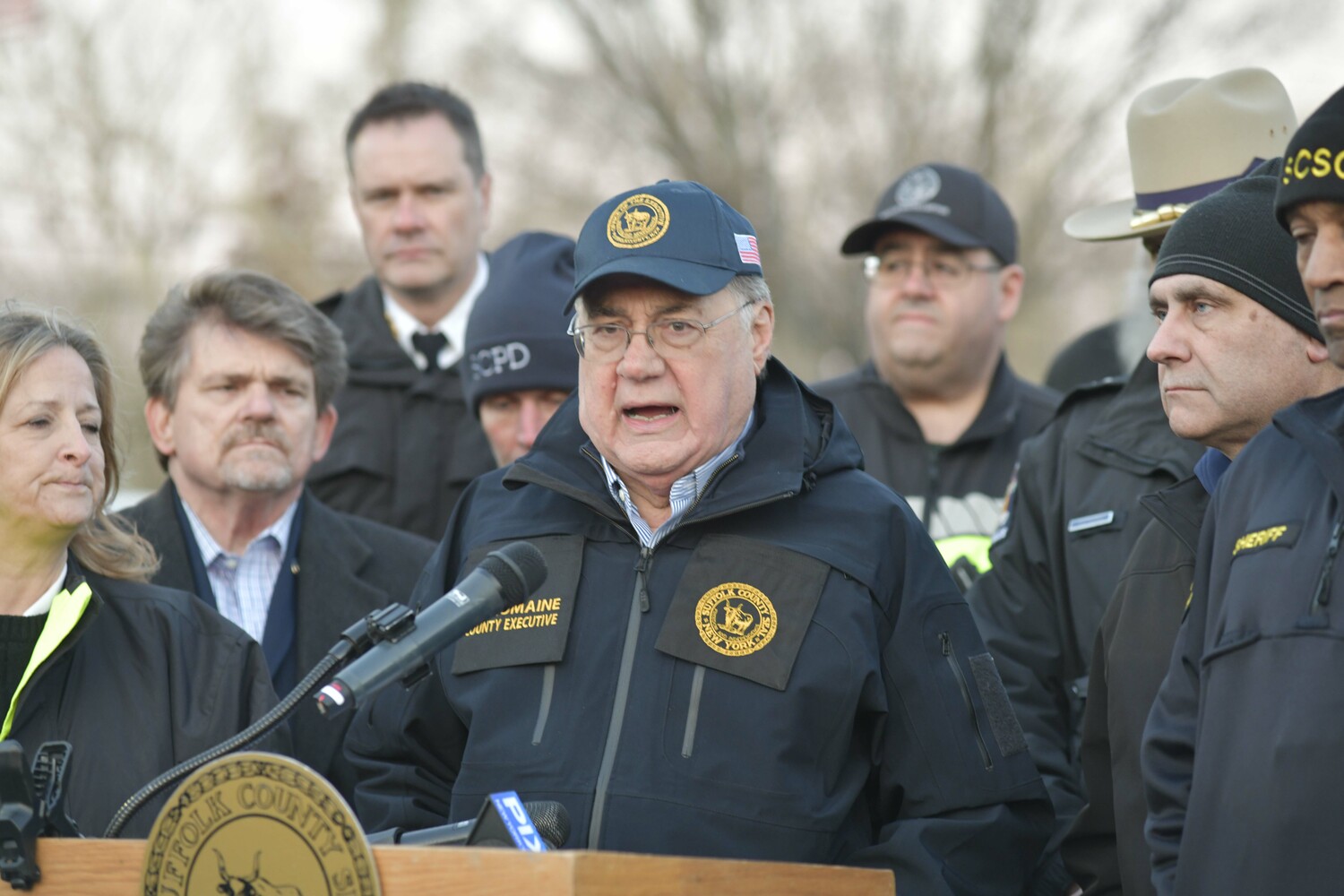 Suffolk County Executive Ed Romaine held a press conference in Westhampton Beach on Saturday evening.  DANA SHAW