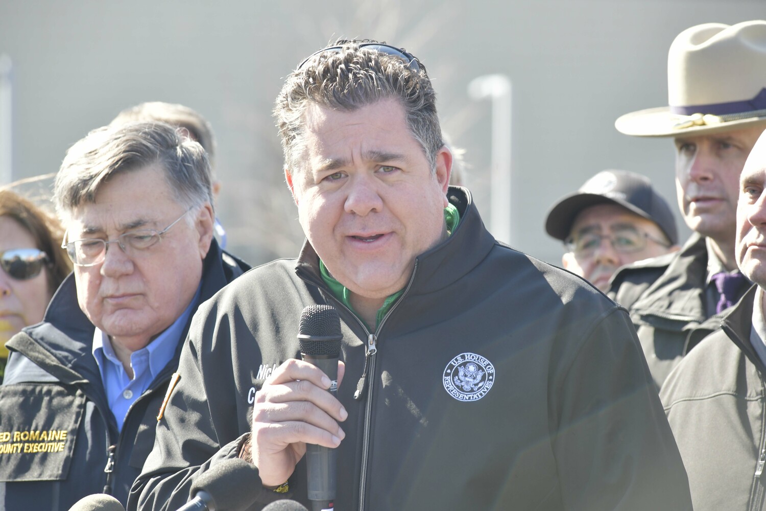 Congressman Nick LaLota speaks ar a press conference at Gabreski Airport on Sunday.  DANA SHAW