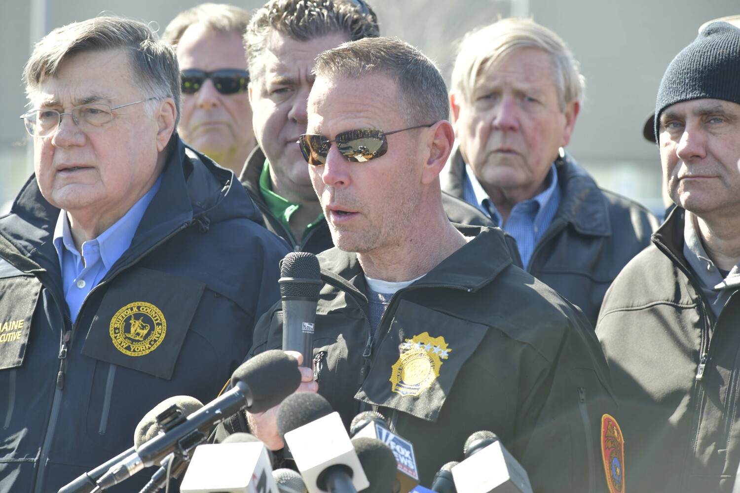 Suffolk County Police Commissioner Kevin Catalina at a press conference on Sunday at Gabreski Airport.  DANA SHAW