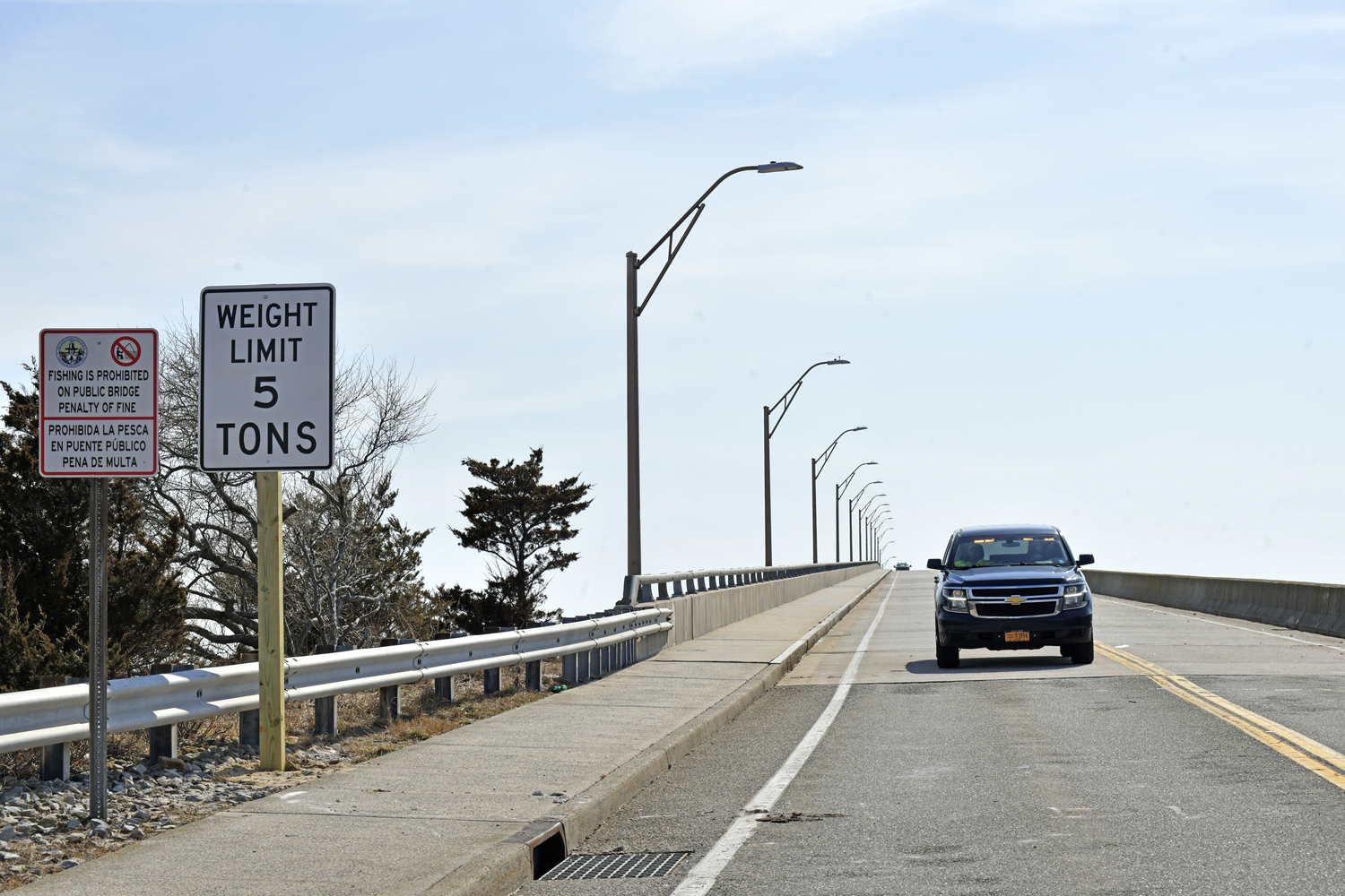 The Ponquogue Bridge reopened to vehicle traffic Tuesday, March 4, with new temporary traffic lanes shifted away from areas of concern in the bridge’s framework and a weight limit of 5 tons.  DANA SHAW