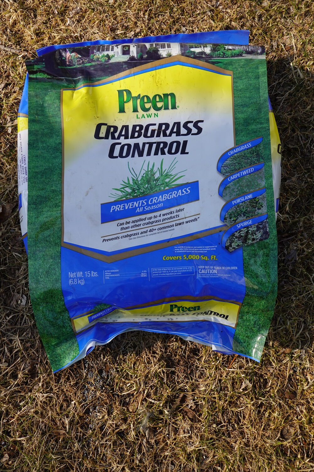 One of the many brands and types of crabgrass herbicides. This one also claims to control 40 other lawn weeds and last “all season.” Different brands may use different herbicides, but this one allows for a later application date. ANDREW MESSINGER