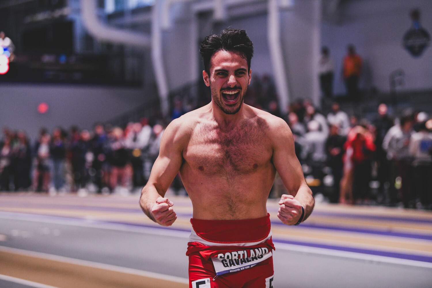 Harrison Gavalas is pumped up after the Cortland 4x400-meter relay team won the national championship on Saturday.   EDL PHOTOGRAPHY/ERIN LOCASCIO