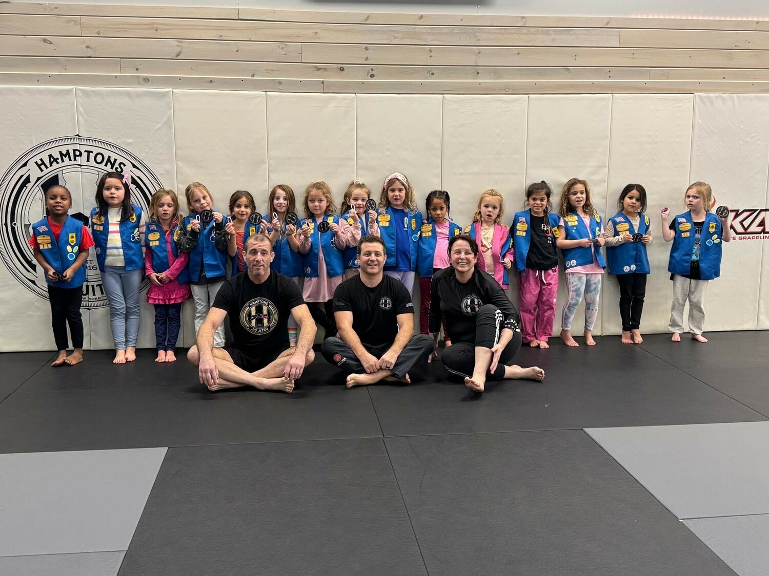 Southampton Girl Scout’s Daisy Troop 536 went on a field trip to Hamptons Jiu Jitsu where they earned their Respect Daisy petal and a Jui Jitsu patch. Coaches Jim MacWhinnie, Greg Melita and Kelly McQueeney volunteered to teach the girls. COURTESY REYNE DEMENICO