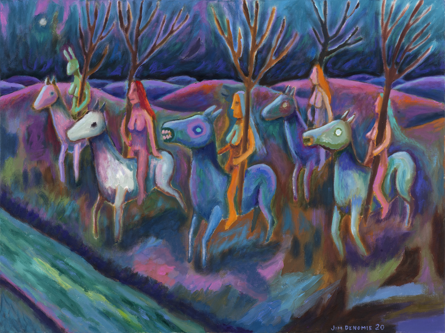 Jim Denomie, “Tree People,” 2020. Oil on canvas, 20’ x 40.” © JIM DENOMIE ESTATE. GOCHMAN FAMILY COLLECTION. IMAGERY COURTESY OF JIM DENOMIE ESTATE AND BOCKLEY GALLERY