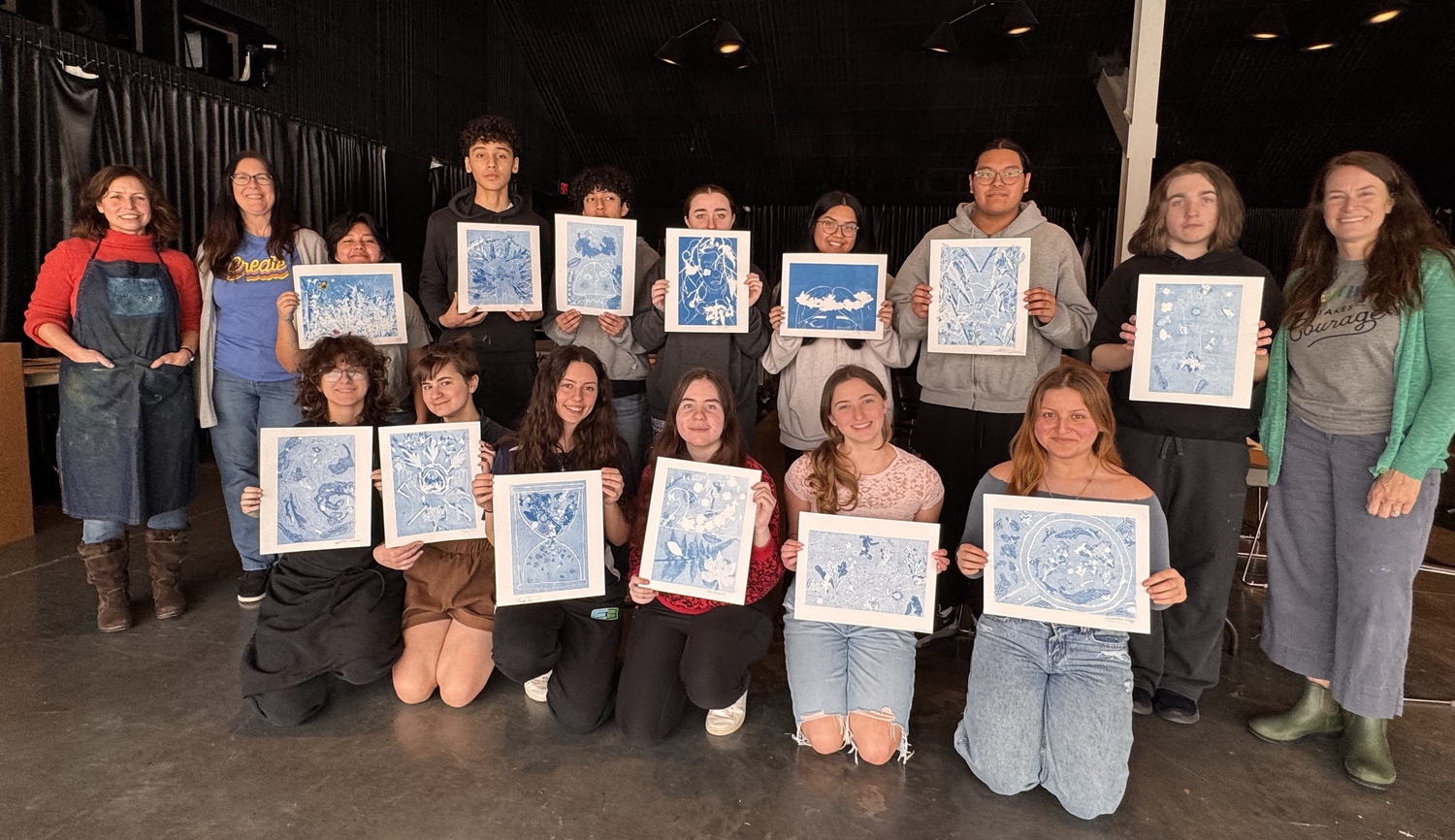 Hampton Bays High School student-artists recently participated in How Artists Work, a two-part visiting artist series at the Parrish Art Museum. As part of the hands-on program, the 13 students worked with artist Andrea Cote, who taught them about the art of monoprinting and her creative process. The work the students created during the sessions will be on display at the Parrish Art Museum’s annual student exhibit from March 16 to April 27. COURTESY HAMPTON BAYS SCHOOL DISTRICT