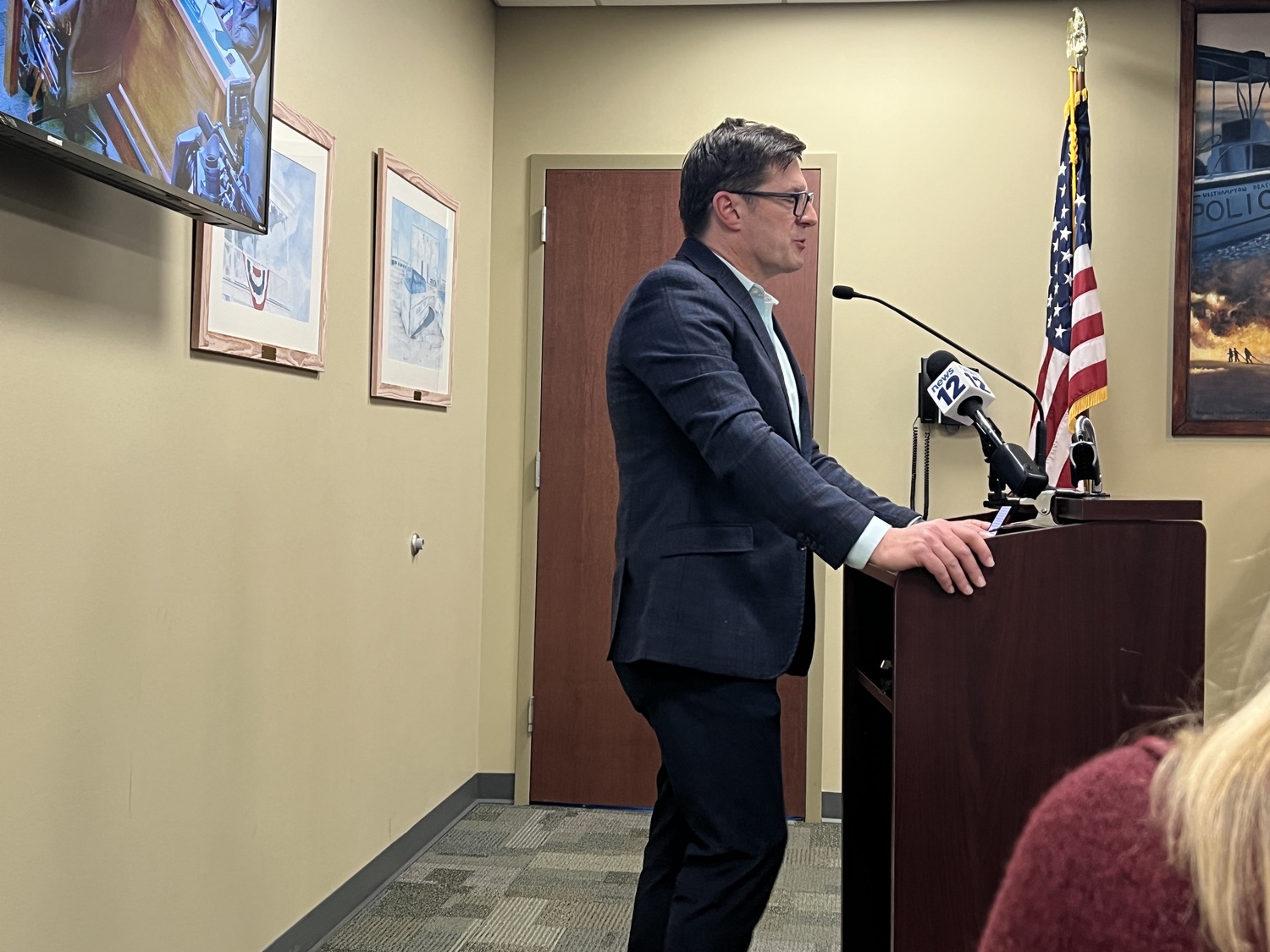 Steven Englemann form CVE North America addresses the Westhampton Beach Village Board during a public hearing on his company's plans to install a solar array on village owned property on Quiogue. BILL SUTTON