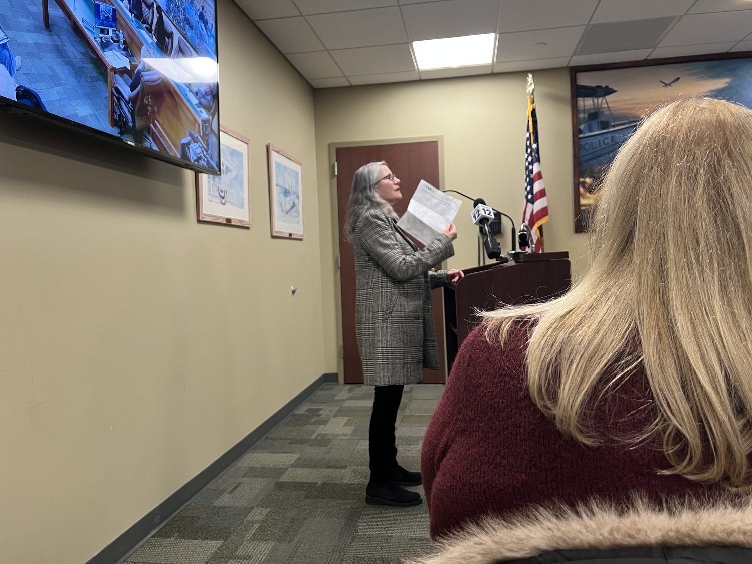 Jennifer's Path resident Ellen Worth addresses the Westhampton Beach Village Board during the public hearing on the village's lease with CVE North America. CVE hopes to build a solar array on the property, adjacent to her property on Quiogue.