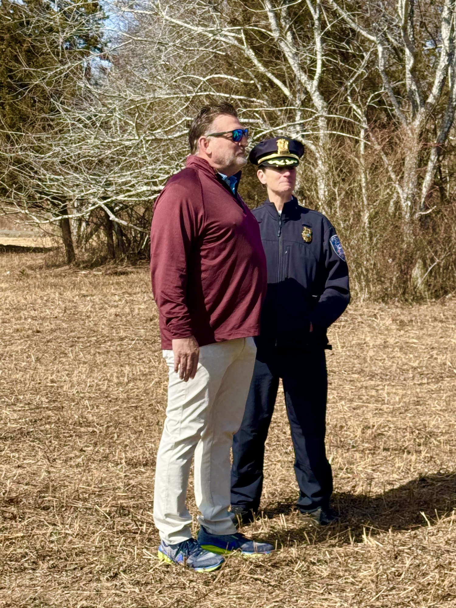 Former Southampton Village Mayor Mark Epley at the Moses Park groundbreaking with Southampton Village Police Chief Suzanne Hurteau. NANCY KANE