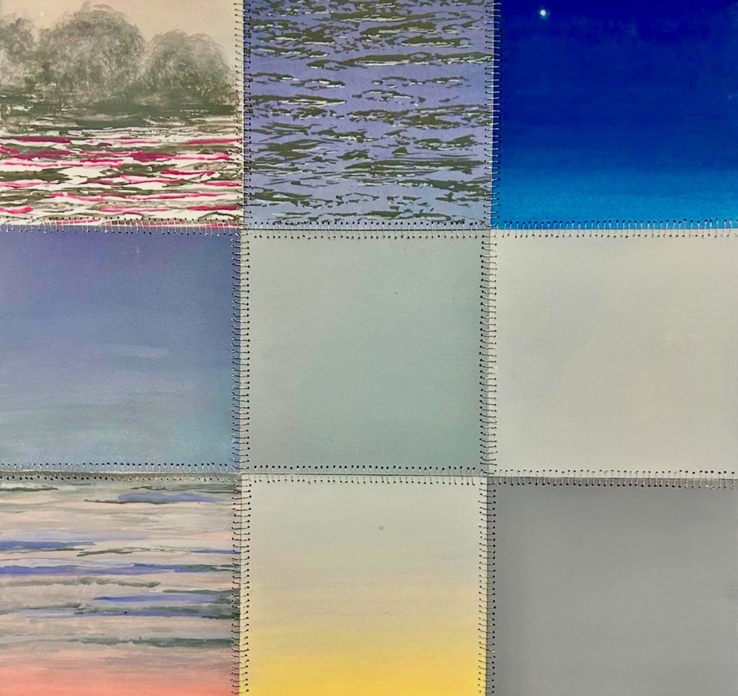 Jeannine Bardo’s paintings are based on text descriptions of sunrises that are then stitched together. COURTESY THE ARTIST