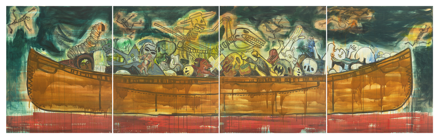 Jaune Quick-to-See Smith, “Trade Canoe: Don Quixote in Sumeria,” 2005. Mixed media on canvas 60” x 200.” GOCHMAN FAMILY COLLECTION. COURTESY THE ARTIST AND GARTH GREENAN GALLERY, NEW YORK. © JAUNE QUICK-TO-SEE SMITH