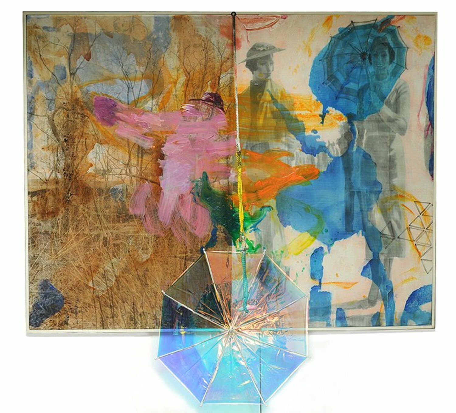 Shimon Okshteyn, “Polo Hamptons,” 2018. Collage and mixed media on canvas, plastic umbrella, 60” x 80″ x 24.” COURTESY BLACK & WHITE GALLERY/PROJECT SPACE