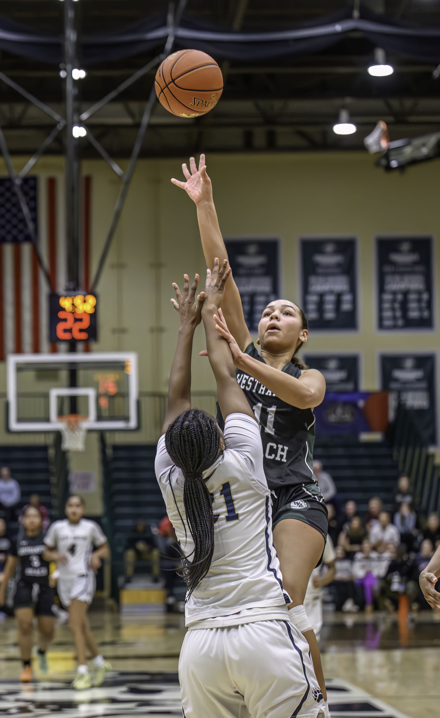 Junior center Jasmine Taylor, shooting over a block attempt, led Westhampton Beach with 13 points. MARIANNE BARNETT