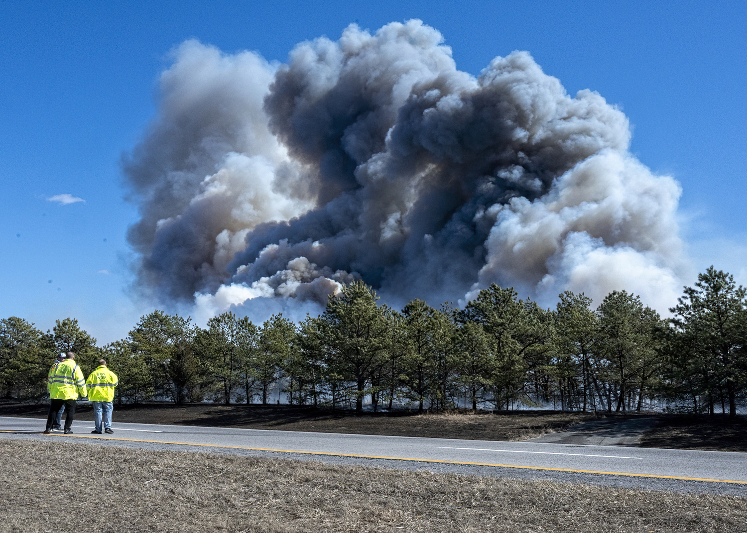 Over 90 fire departments and emergency services  agencies battle a wildfire on Saturday in Westhampton Beach.   COURTESY WESTHAMPTON BEACH FIRE DEPARTMENT