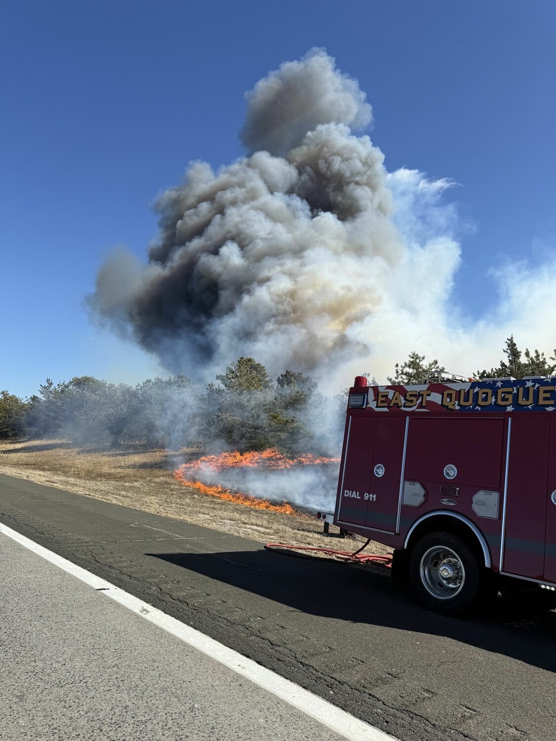 An East Quogue fire truck at the scene of a fire off Route 27.