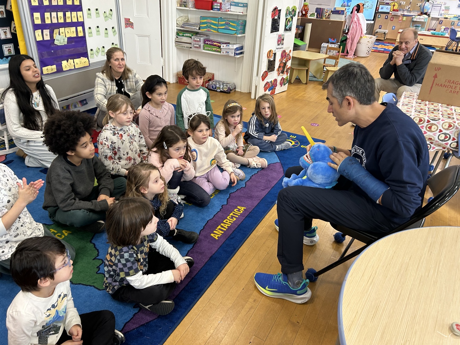 Dr. Victor Grazina from Facing the Future Orthodontics visited Sagaponack School recently to discuss healthy eating and proper hygiene, and highlighting Dental Awareness Month. COURTESY SAGAPONACK SCHOOL