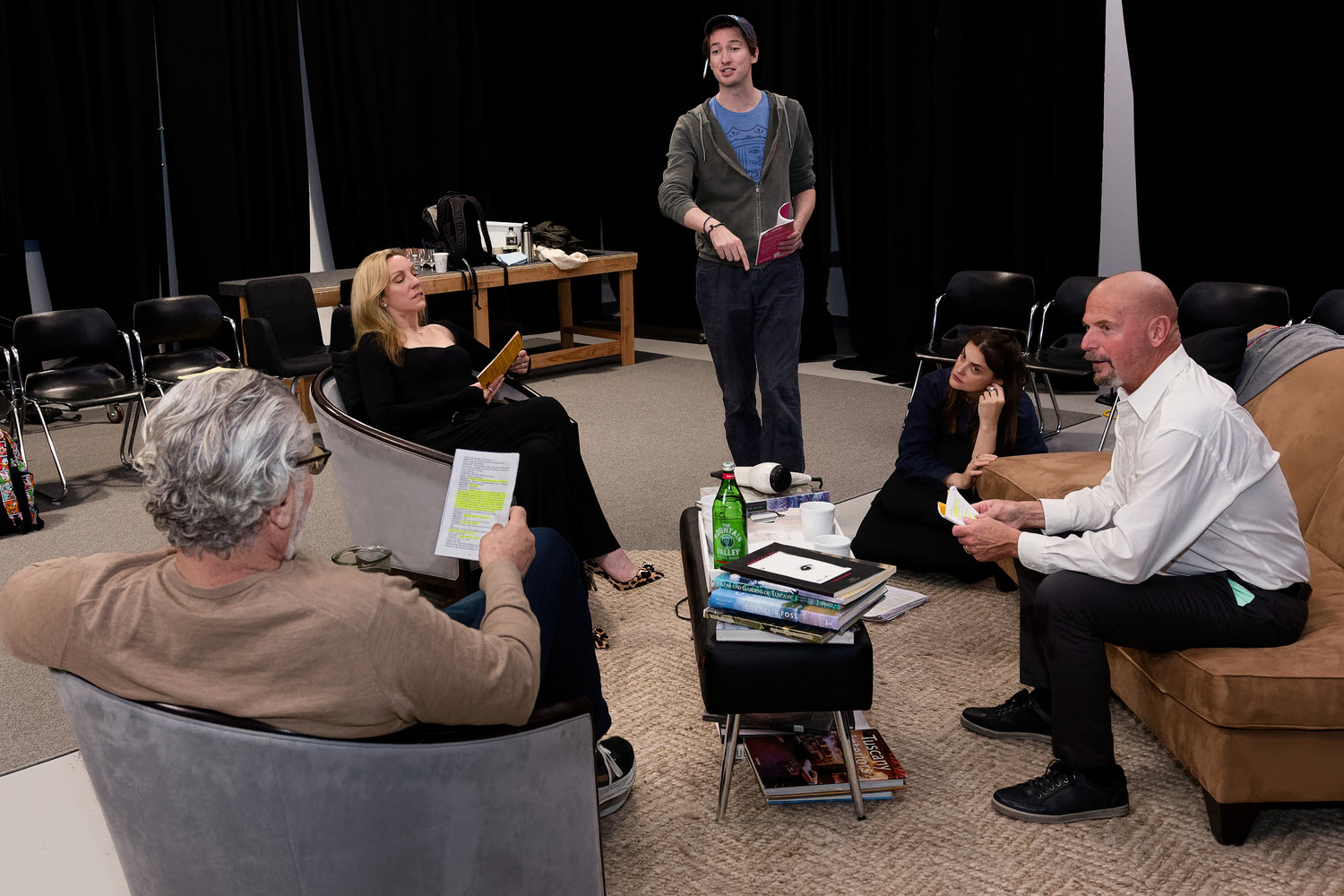 Director John Kroft talks to the cast, from left, Edward Kassar, Rachel Feldman, Daniela Mastropietro and Joe Pallister, during rehearsals ofYasmina Reza's play “God of Carnage” which runs May 1 to May 11 at LTV Studios. PHIL MERRITT